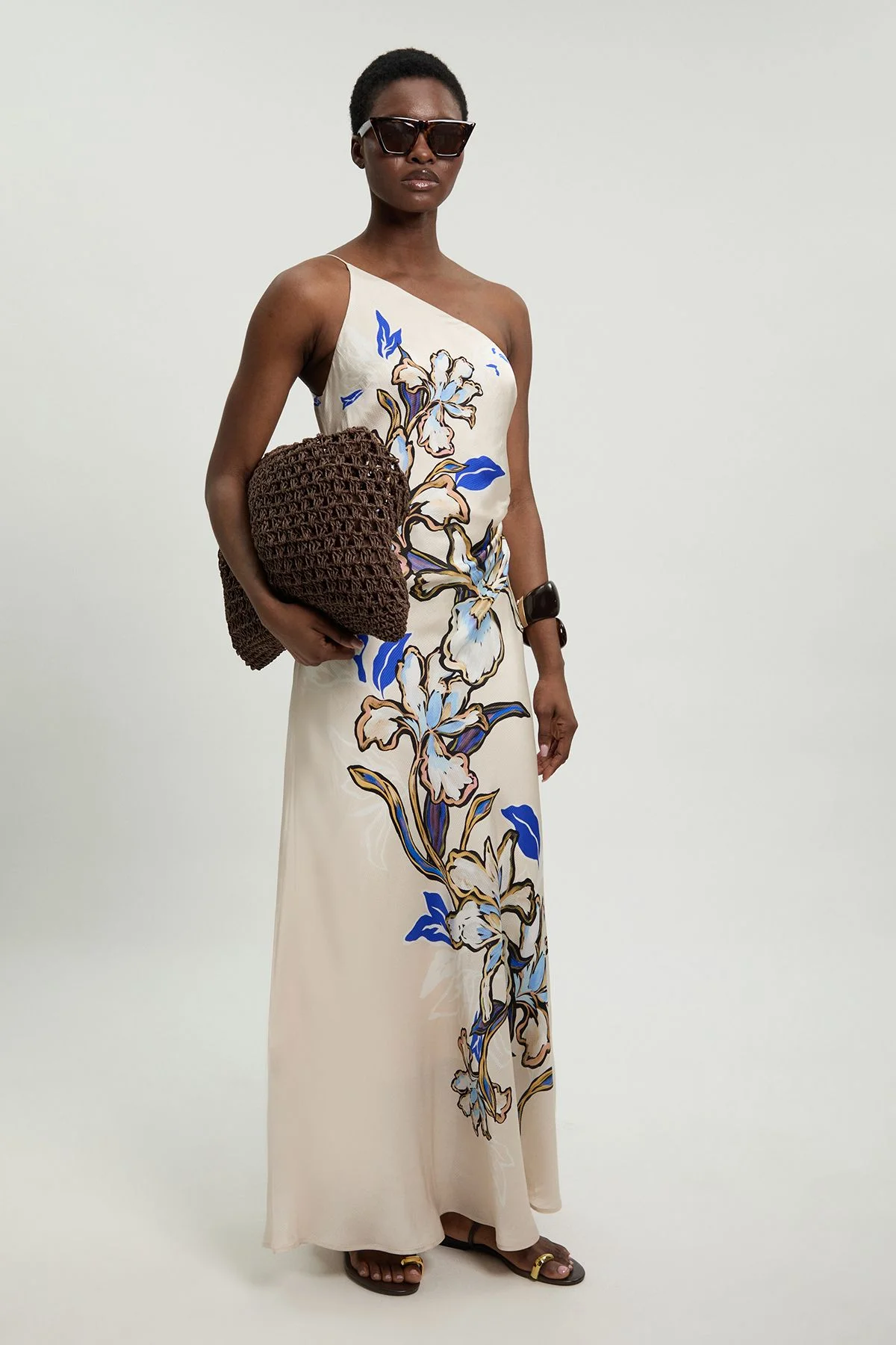 Viscose Satin Printed Asymmetric Detail Midi Dress - 1
