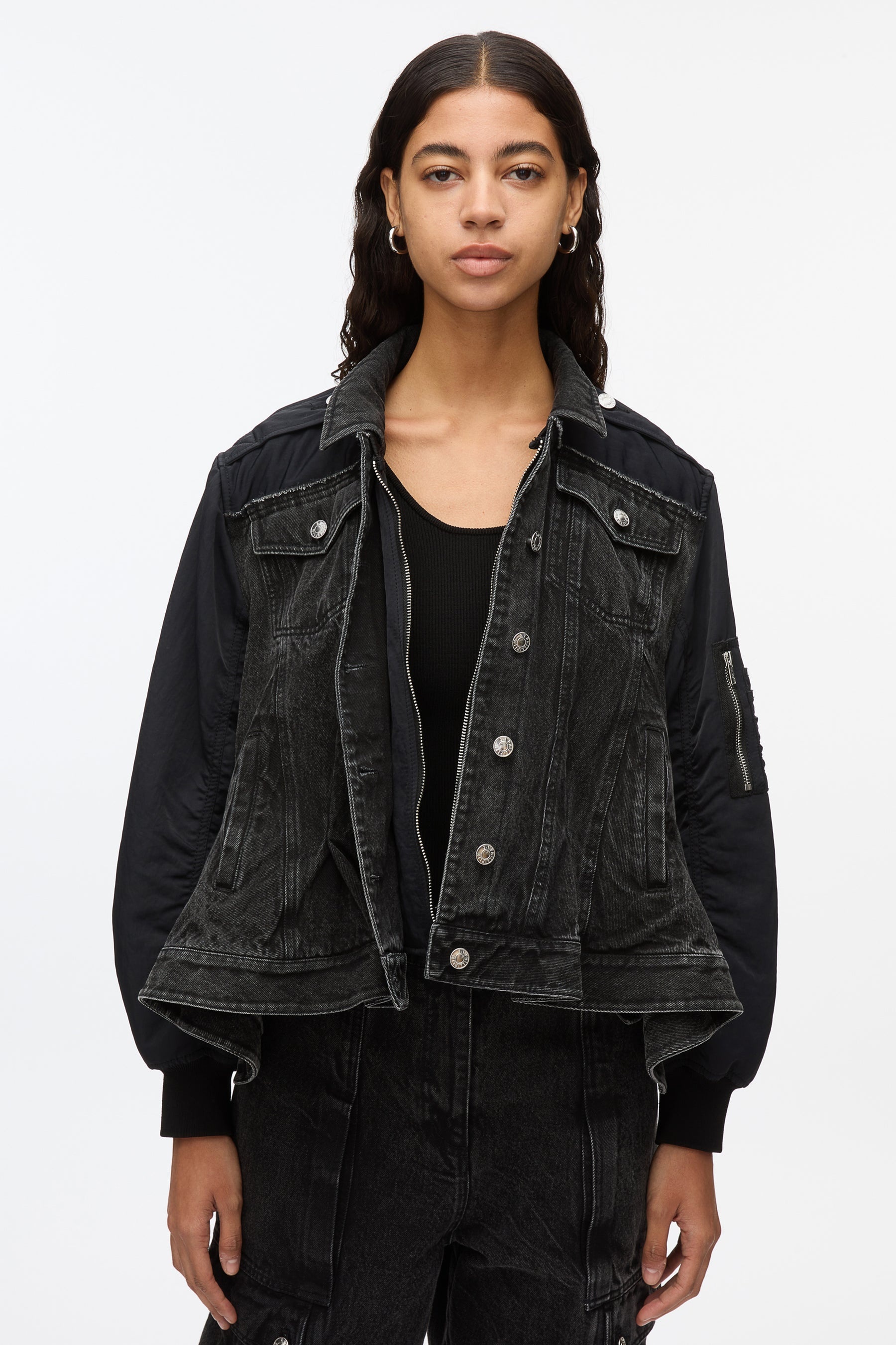 Hybrid Denim Flight Jacket With Flounce Hem - 4
