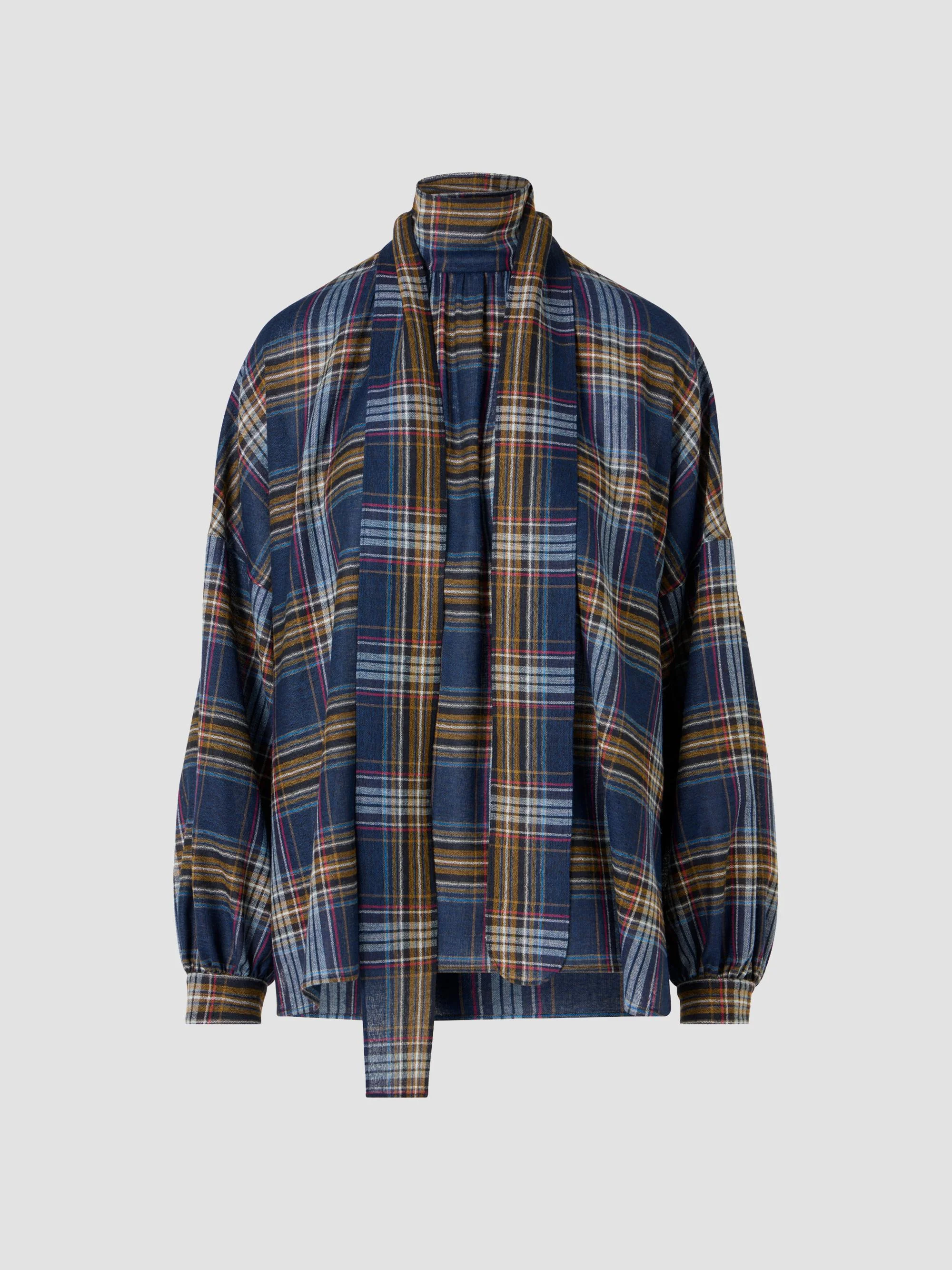 Women's Checked Wool-Blend Blouse - Navy Multicolor - 1