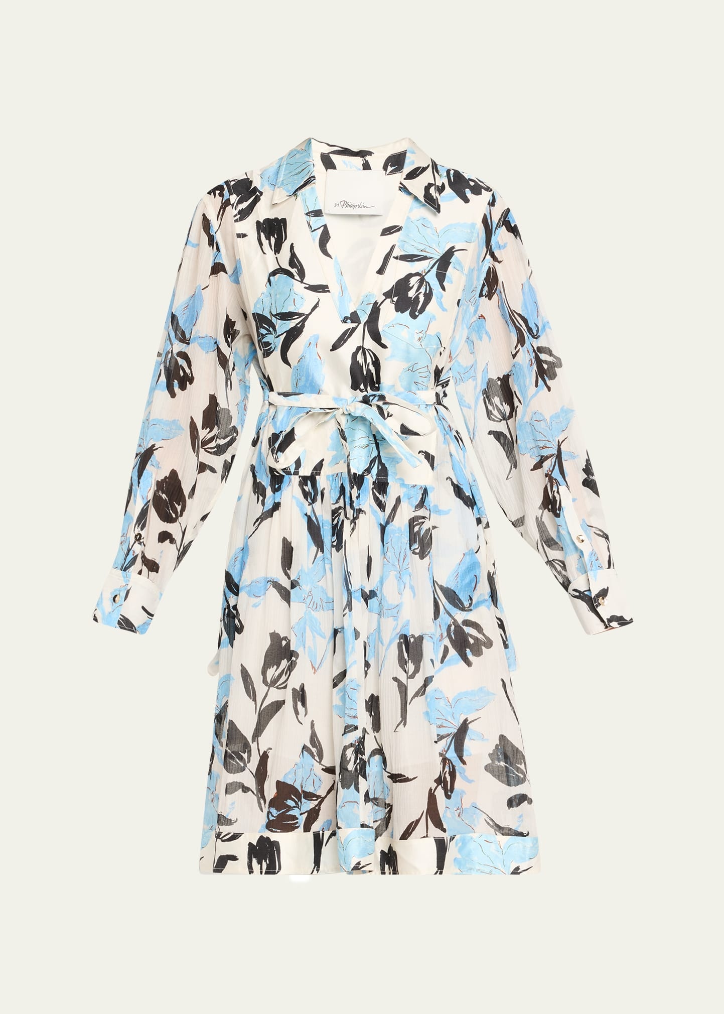 Joyful Tulips Long-Sleeve Shirt Dress with Waist Tie - 1