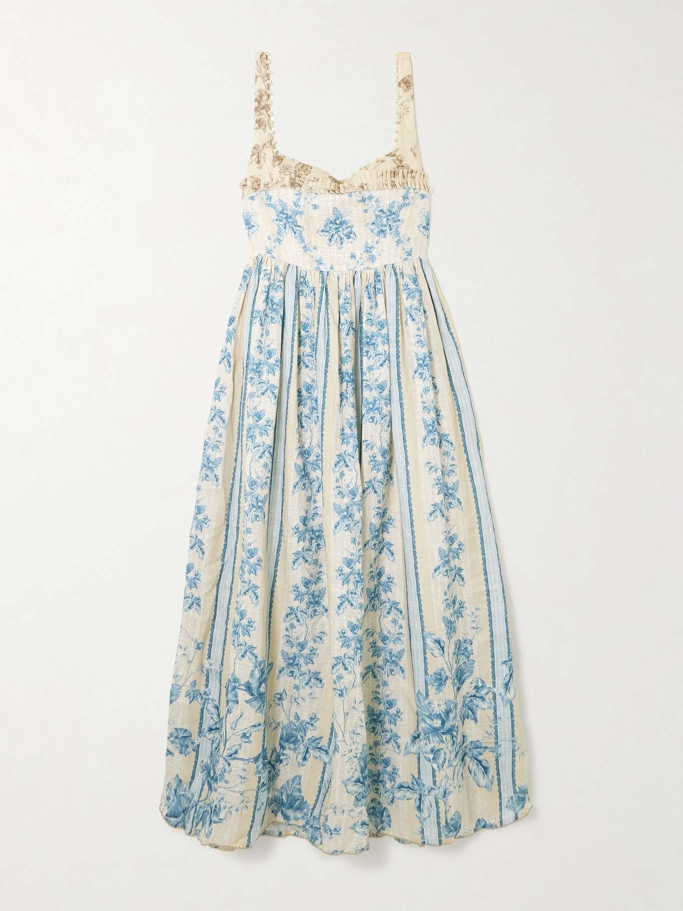 Barbara Bougainvillea embellished printed linen midi dress Blue - 1