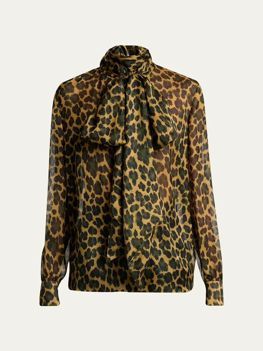 Leopard Silk Chiffon Bow-Neck Blouse - 1