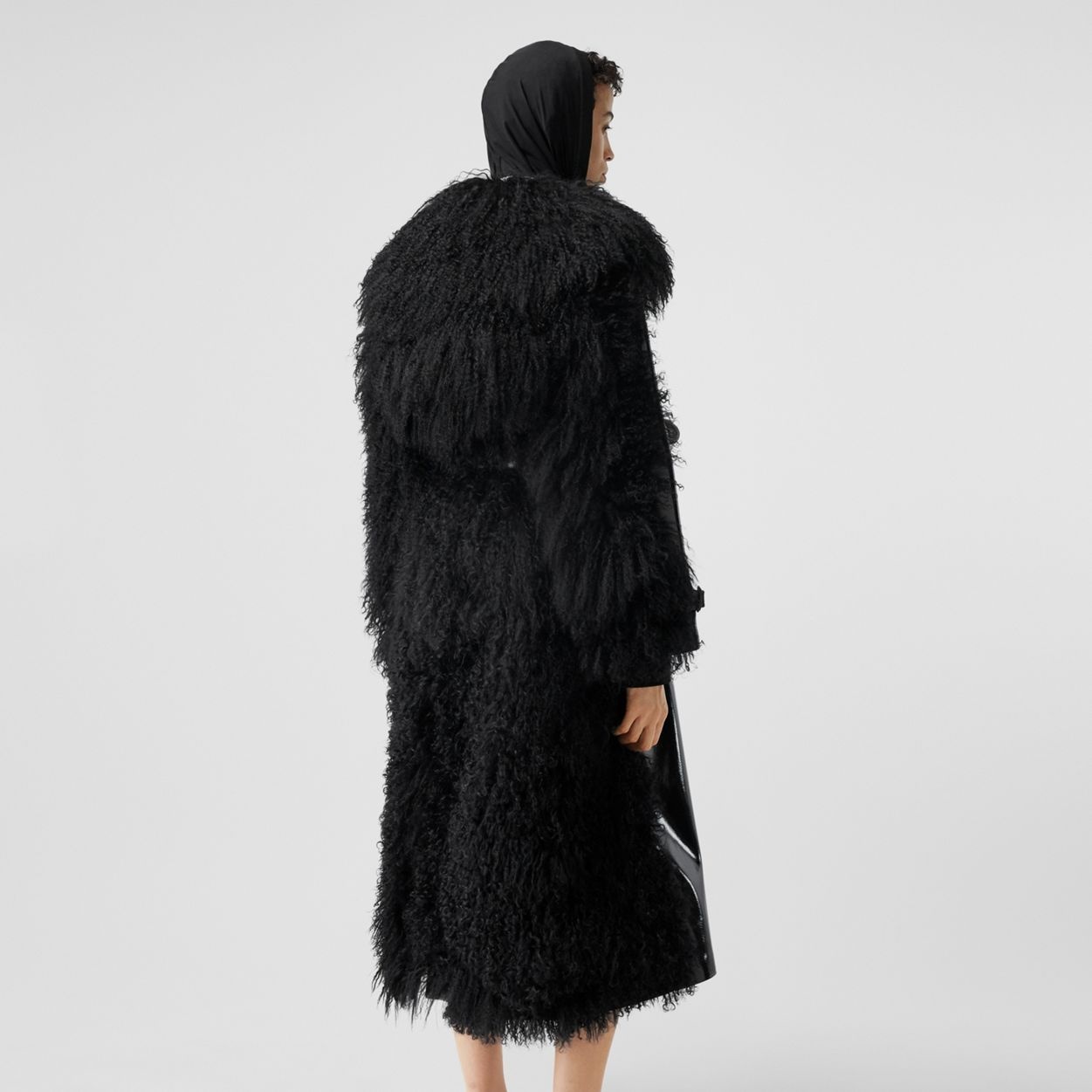 Shearling Trim Vinyl Trench Coat - 4