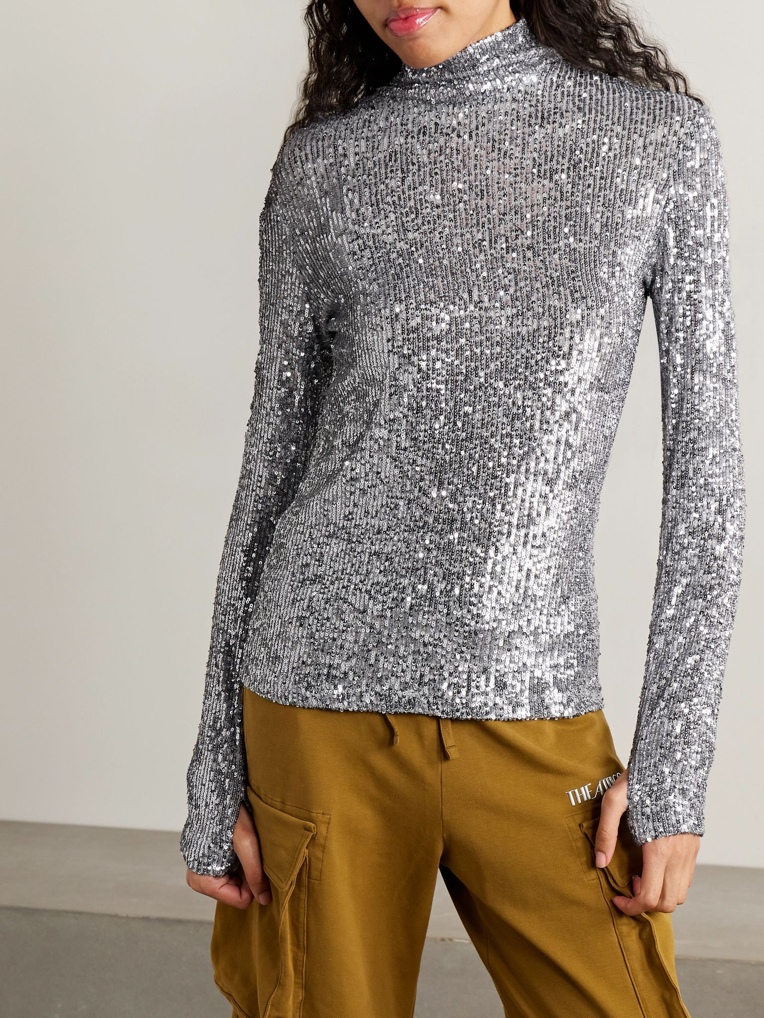 Sequined tulle turtleneck top Silver - 3