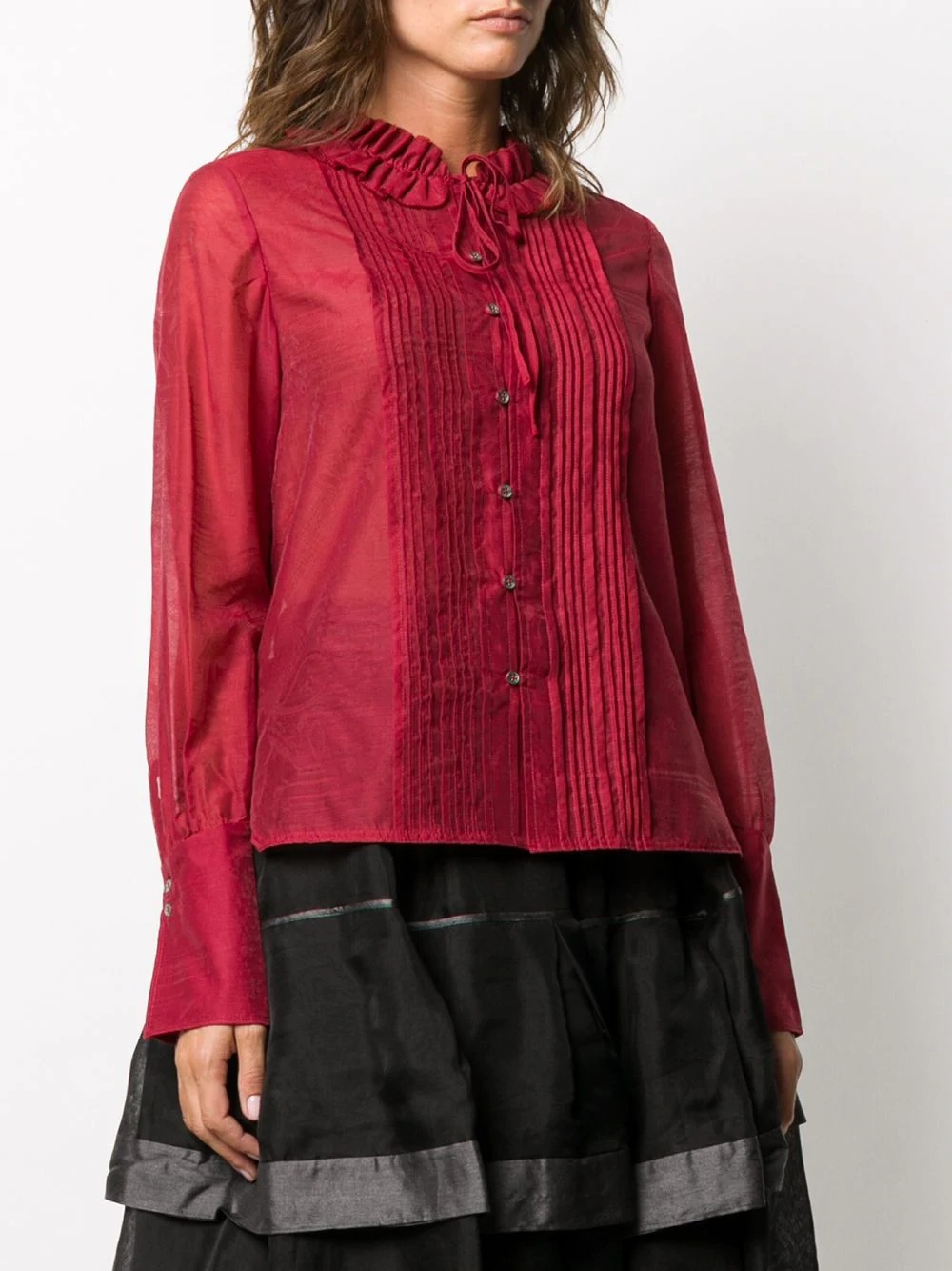 pleated panel ruffled-neck shirt - 3