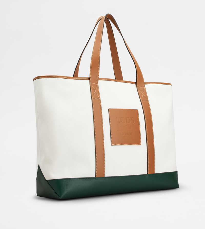 Tod's SHOPPING BAG IN CANVAS AND LEATHER LARGE - WHITE, GREEN, BROWN outlook