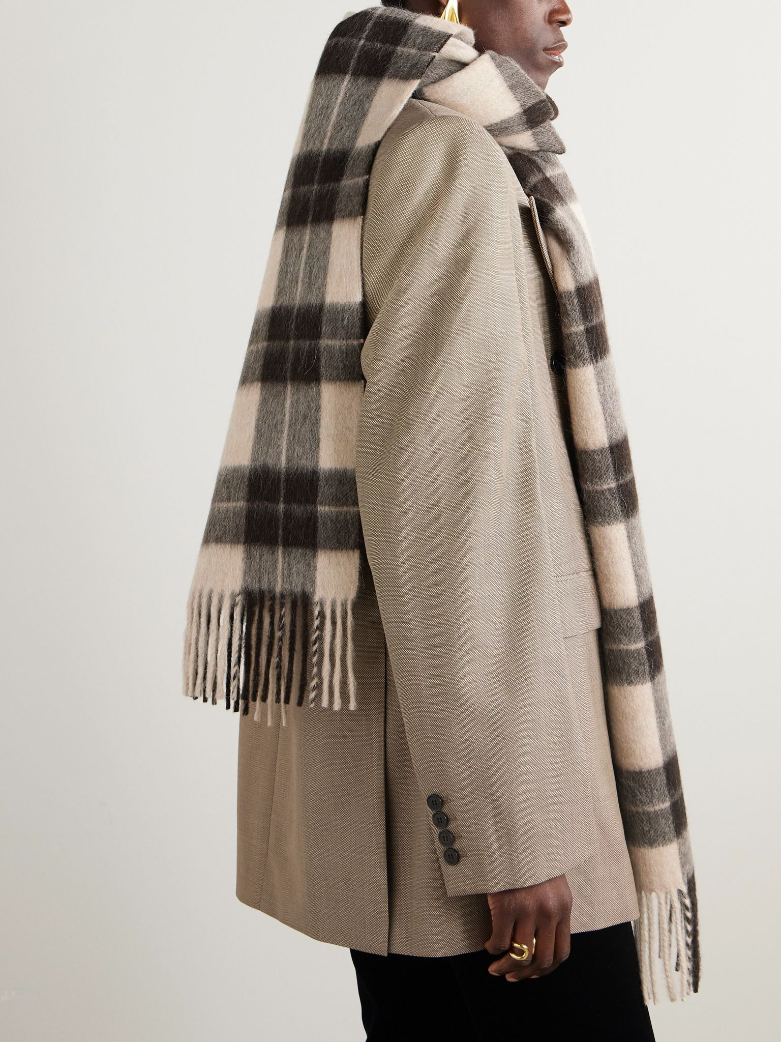 Fringed checked llama and wool-blend scarf Dark brown - 2