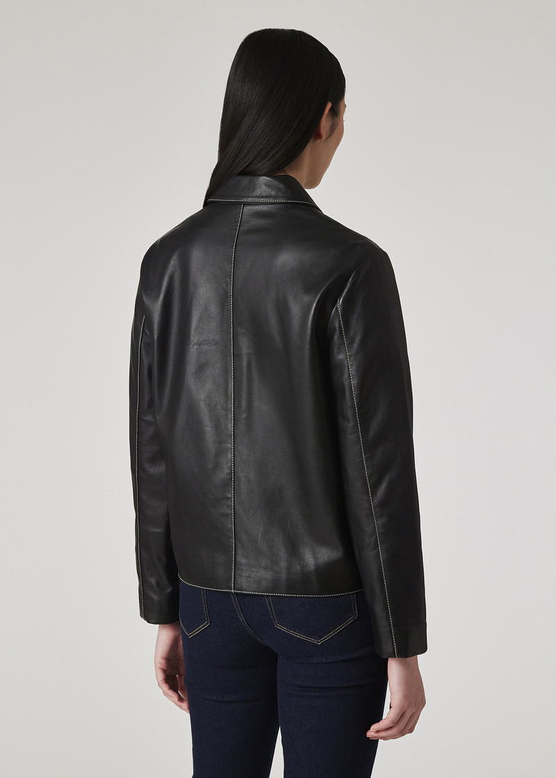 Women's Black Leather Contrast Stitch Jacket 7