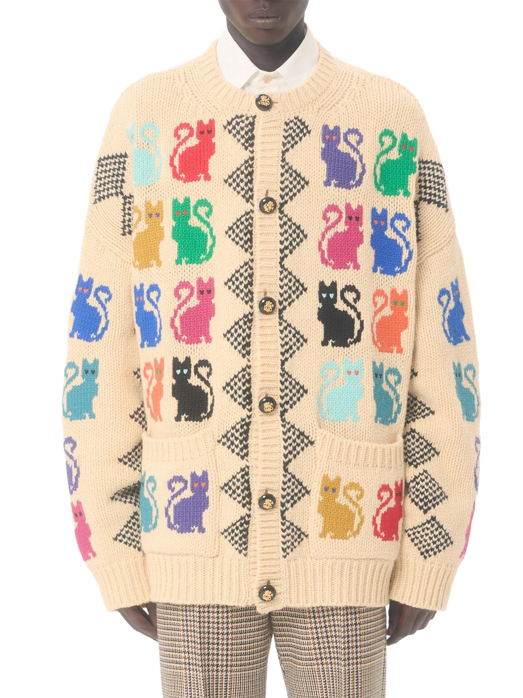 Valentino Men's Wool Cardigan With Le Chat De La Maison Jacquard