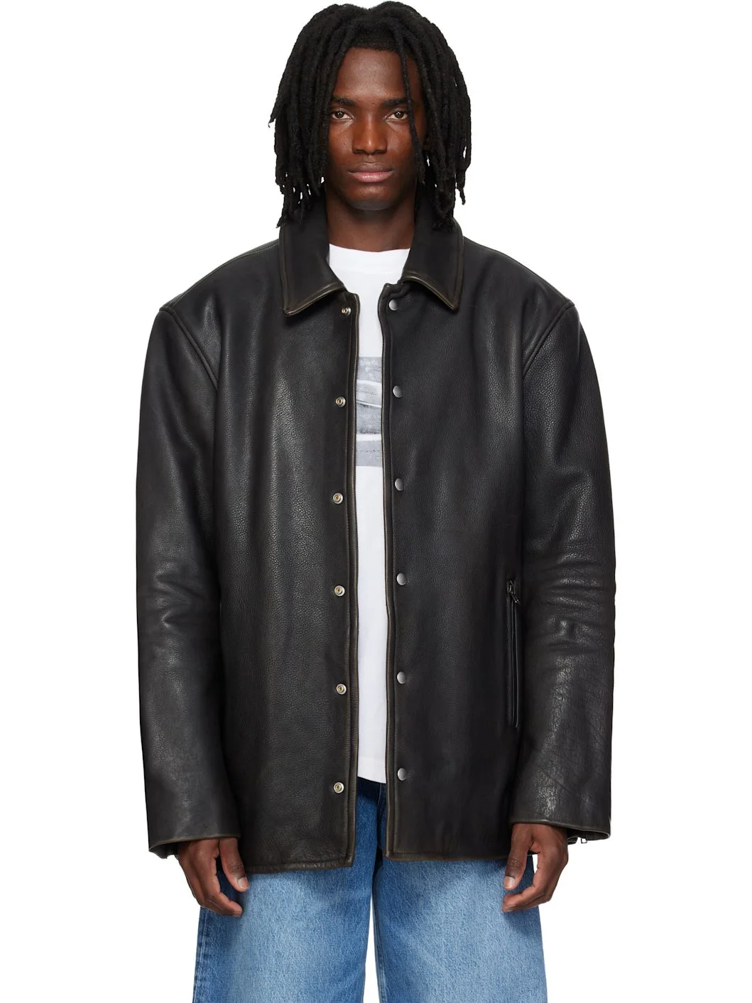 Black Snap Front Leather Jacket - 1