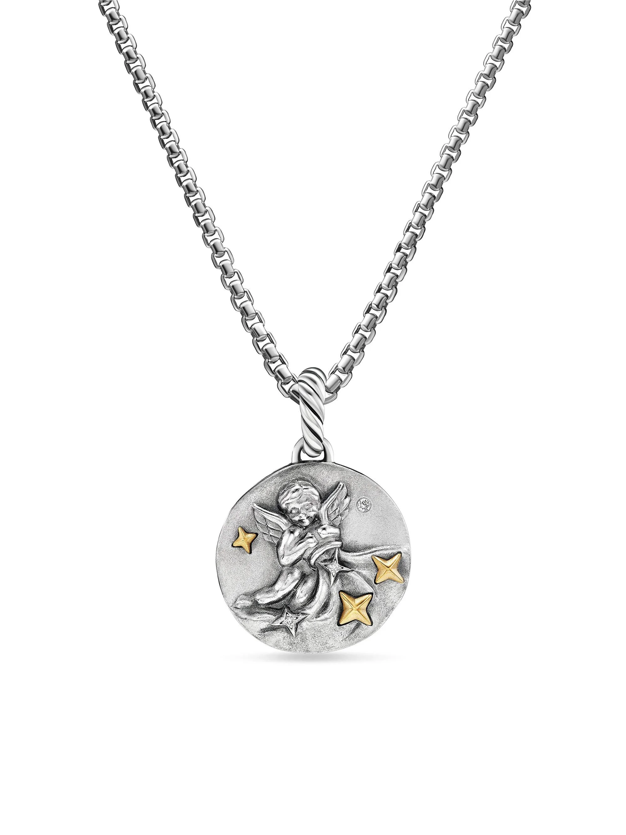 Women's Amulet in Sterling Silver with 18K Yellow Gold and Diamonds, 19MM - Aquarius - 1