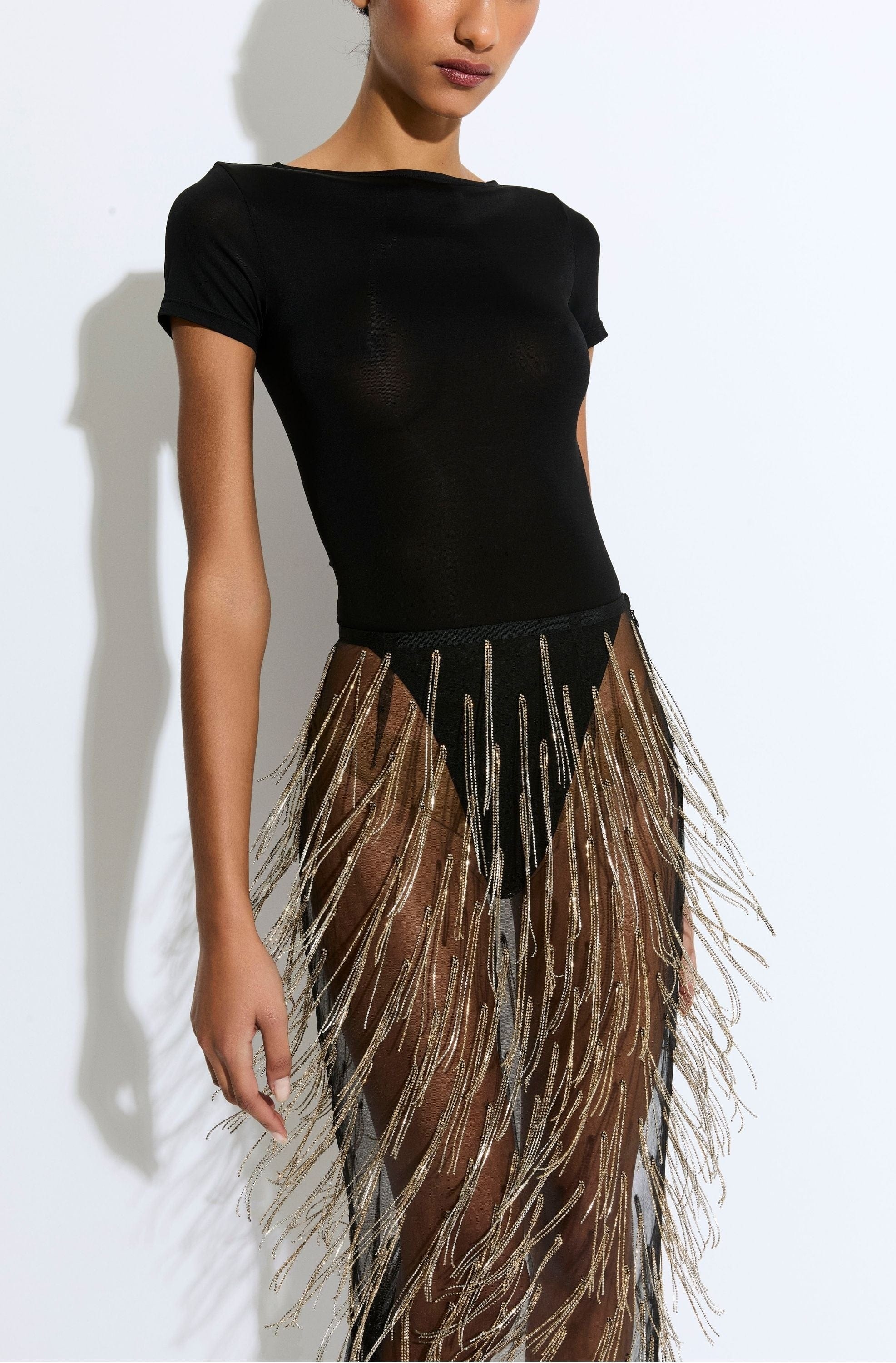 Rhinestone Fringe High Waist Skirt - 4