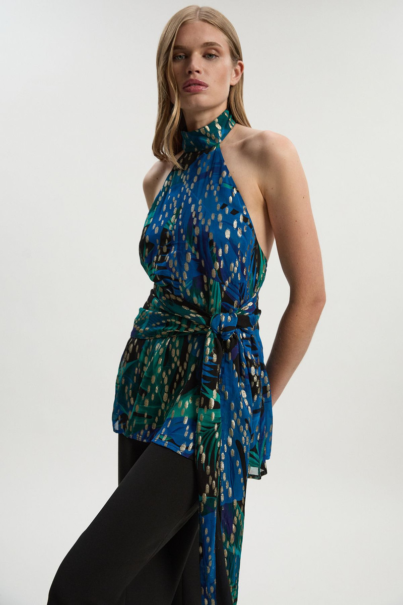 Viscose Metallic Palm Print Halter Neck Top 1