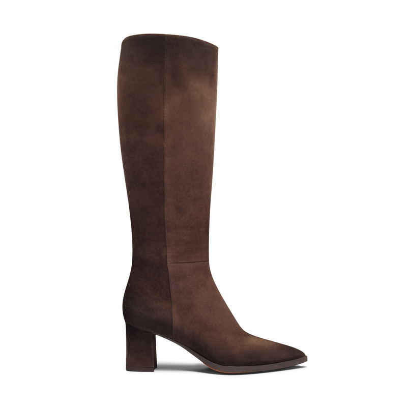 여자의 어두운 갈색 suede mid-heel boot - 1