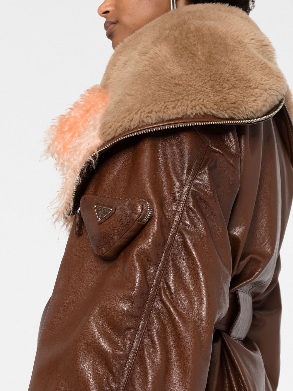 shearling-trim zip-up leather jacket - 3