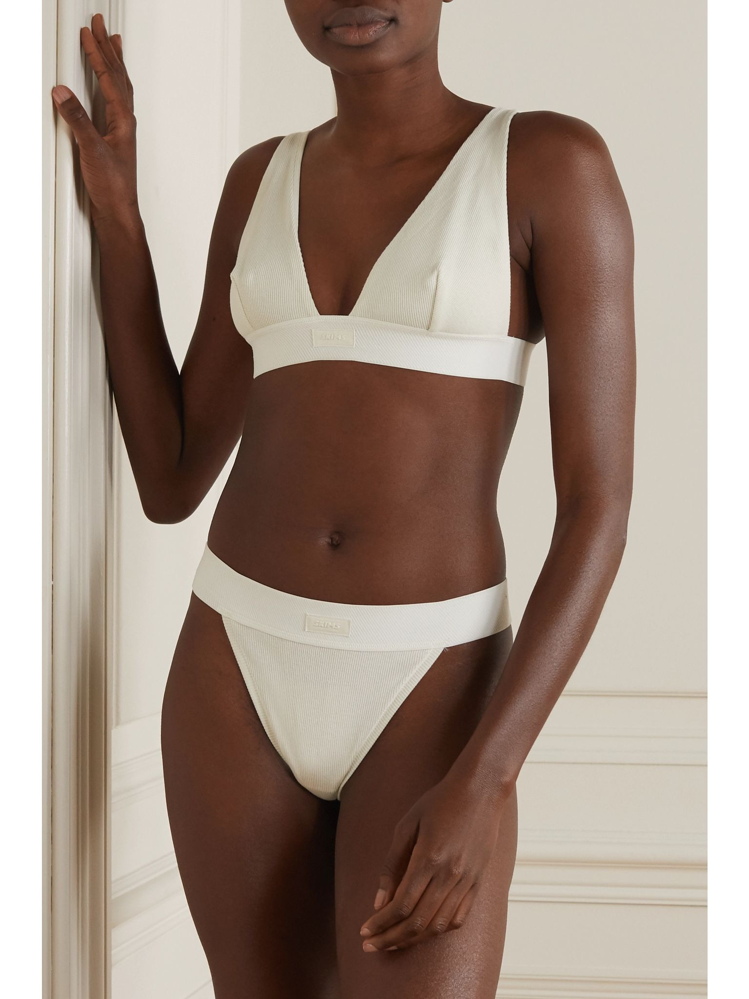 Plunge ribbed cotton-blend jersey bralette - Bone White - 5