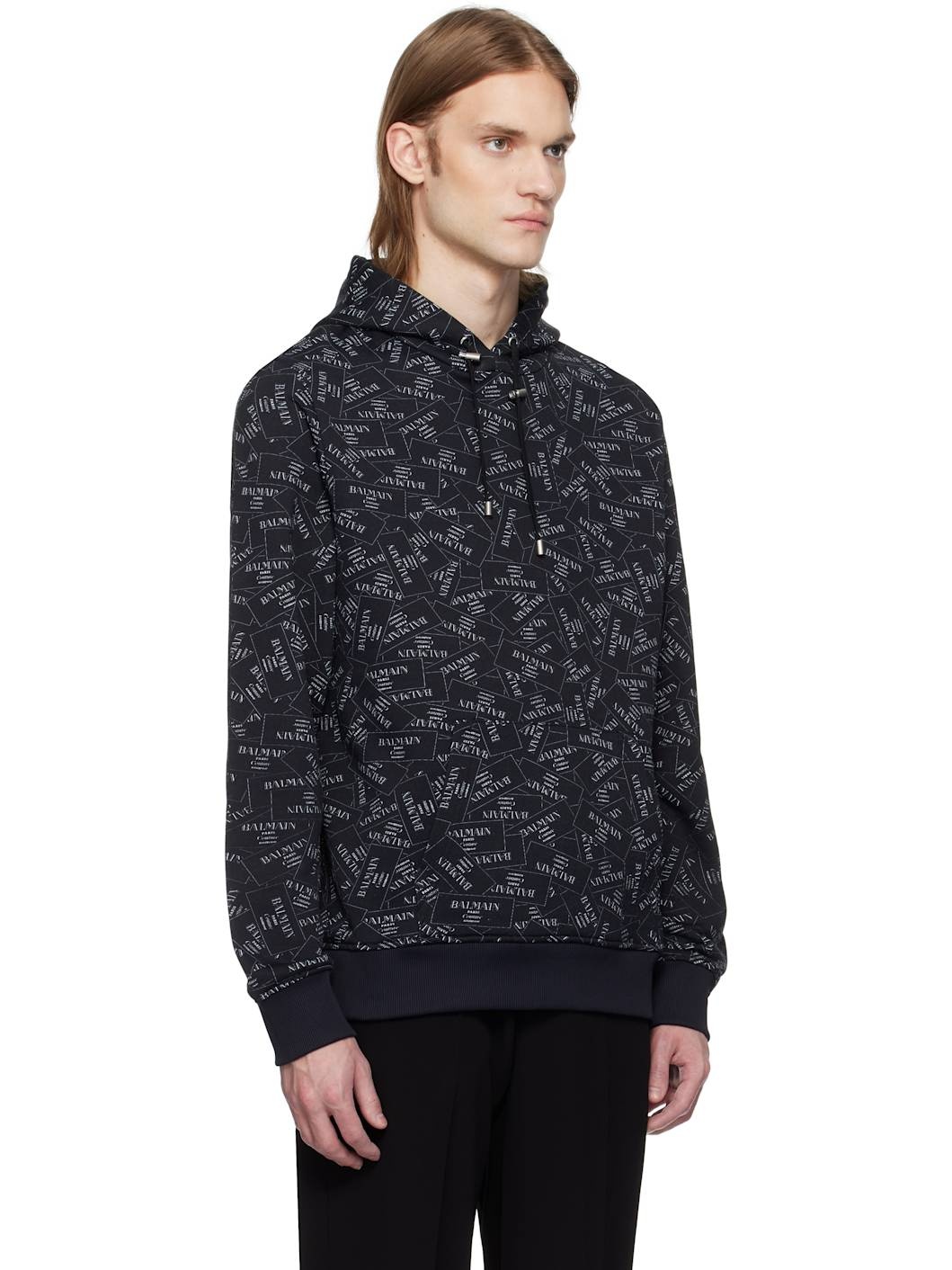 Black All-Over 'Balmain' Label Print Hoodie - 2