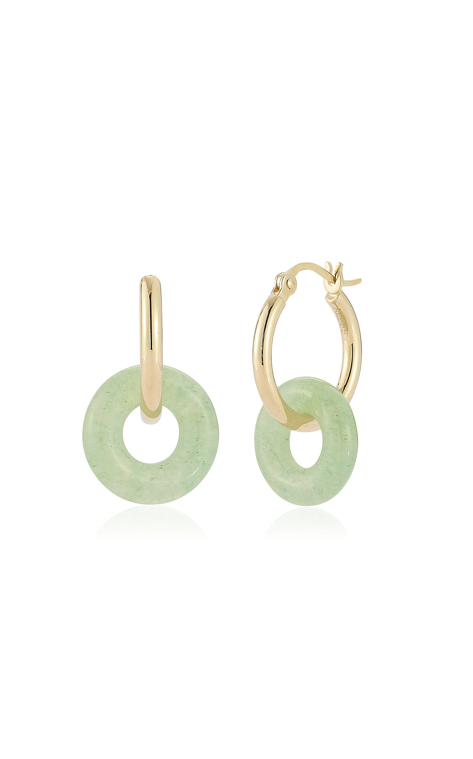 14K Yellow Gold Jade Donut Hoop Earrings lime green - 1