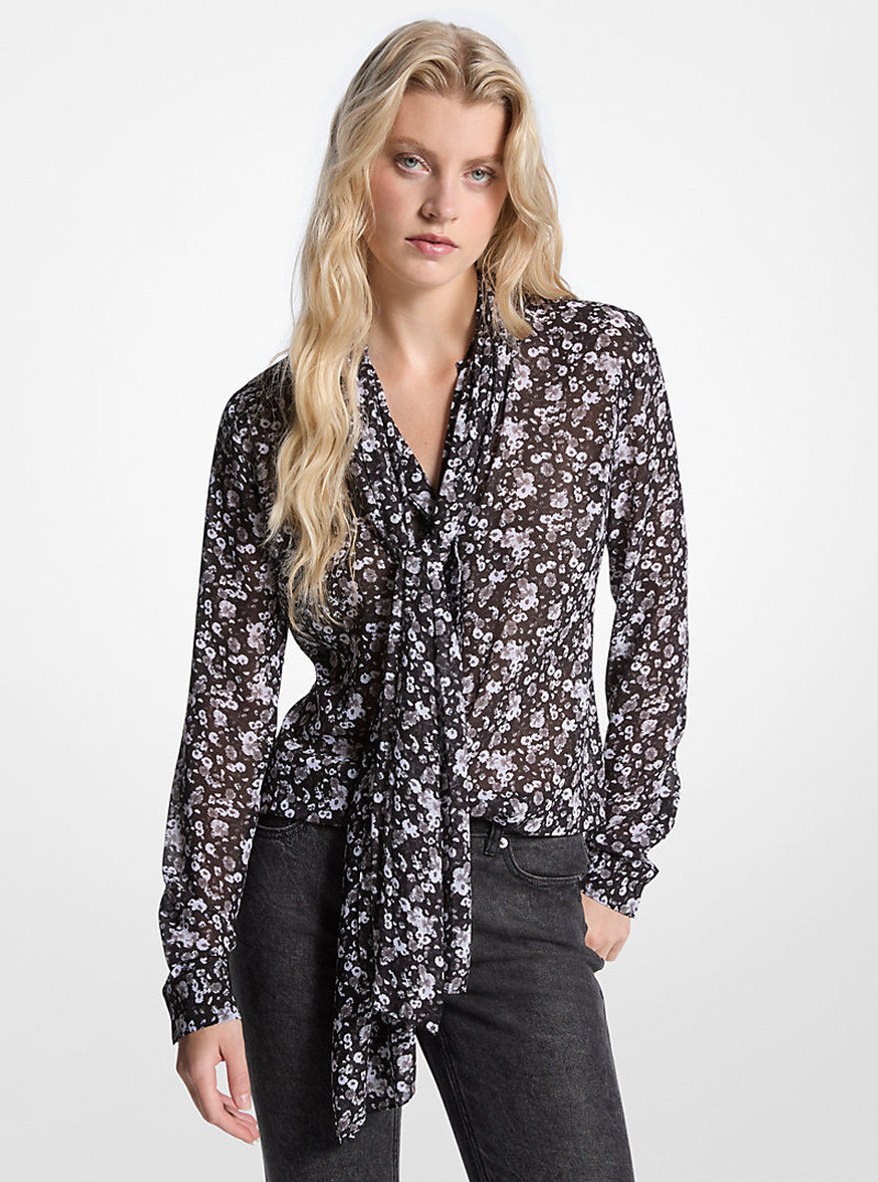 Floral Print Georgette Tie-Neck Blouse 1
