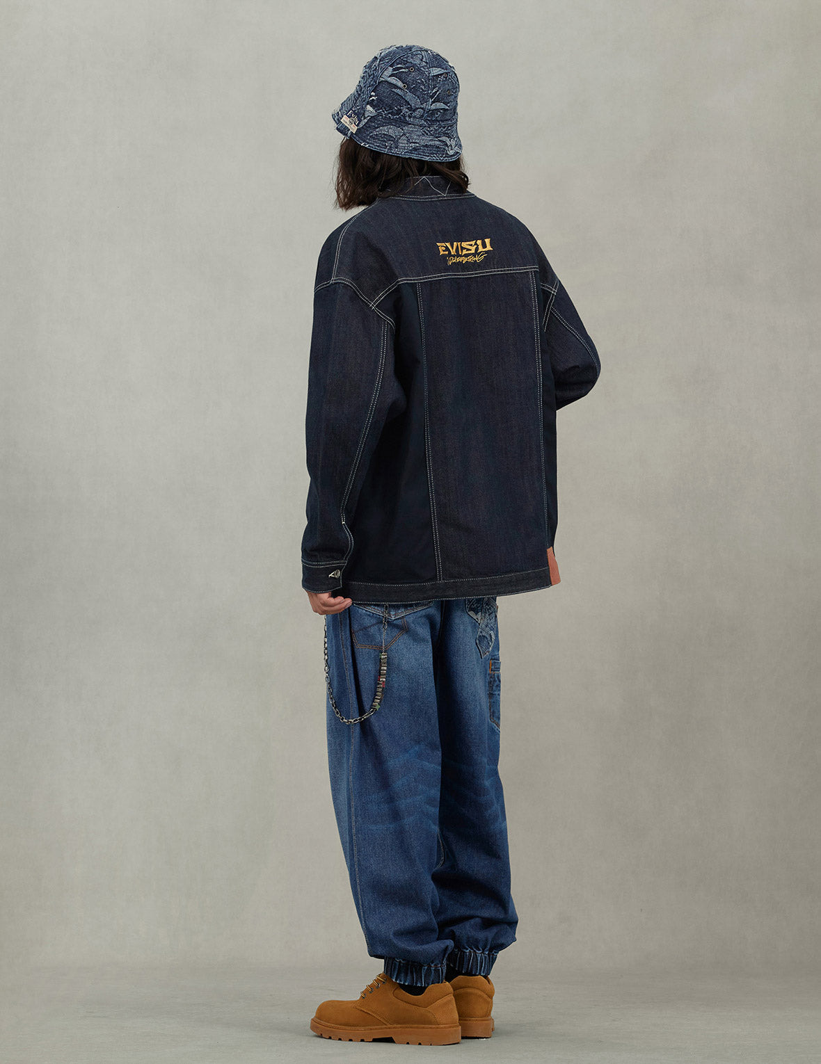 Multi-Pocket with Brocade Patch Relax Fit Denim Kimono - 8