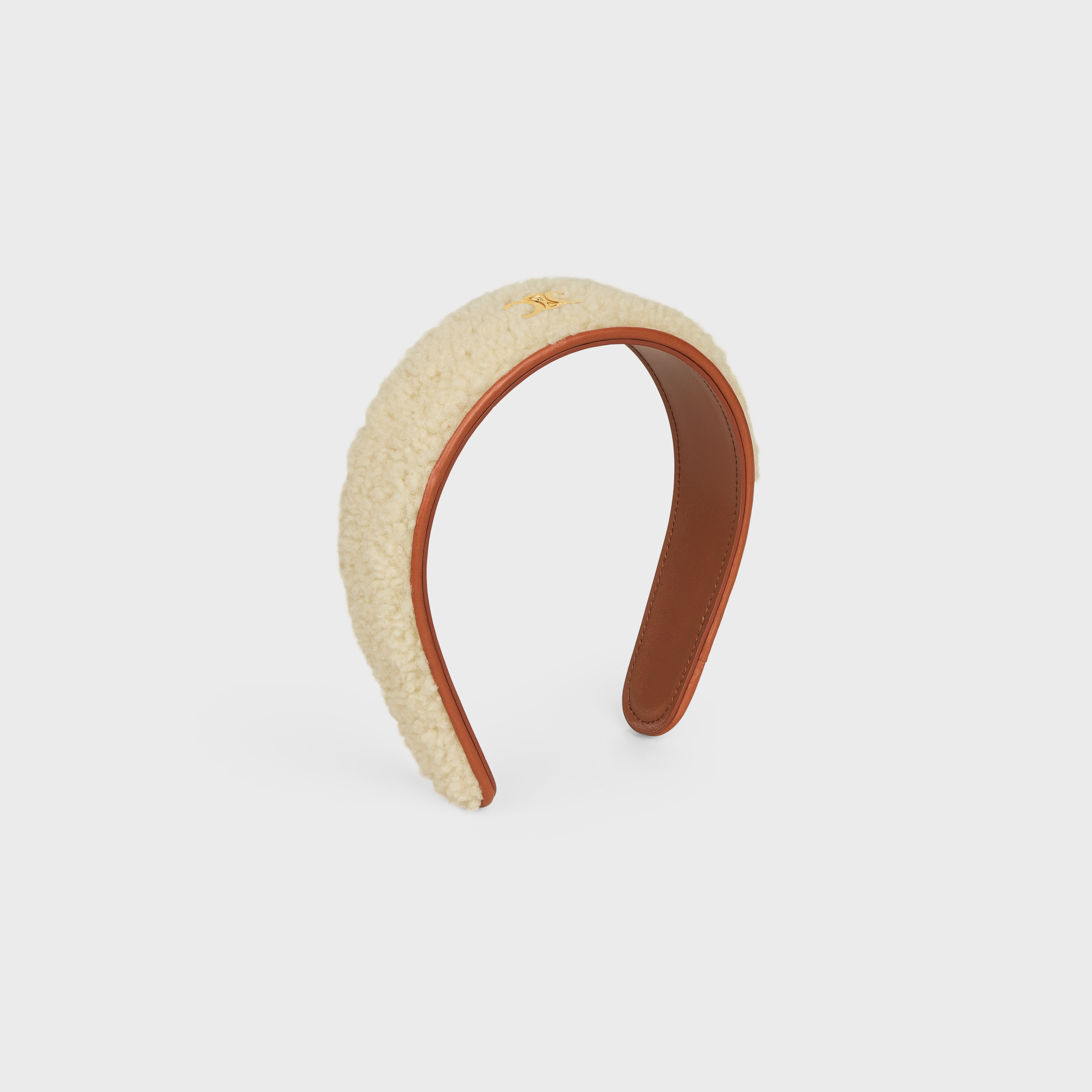 Triomphe Headband in Shearling, Calfskin and Brass with Gold Finish - 2