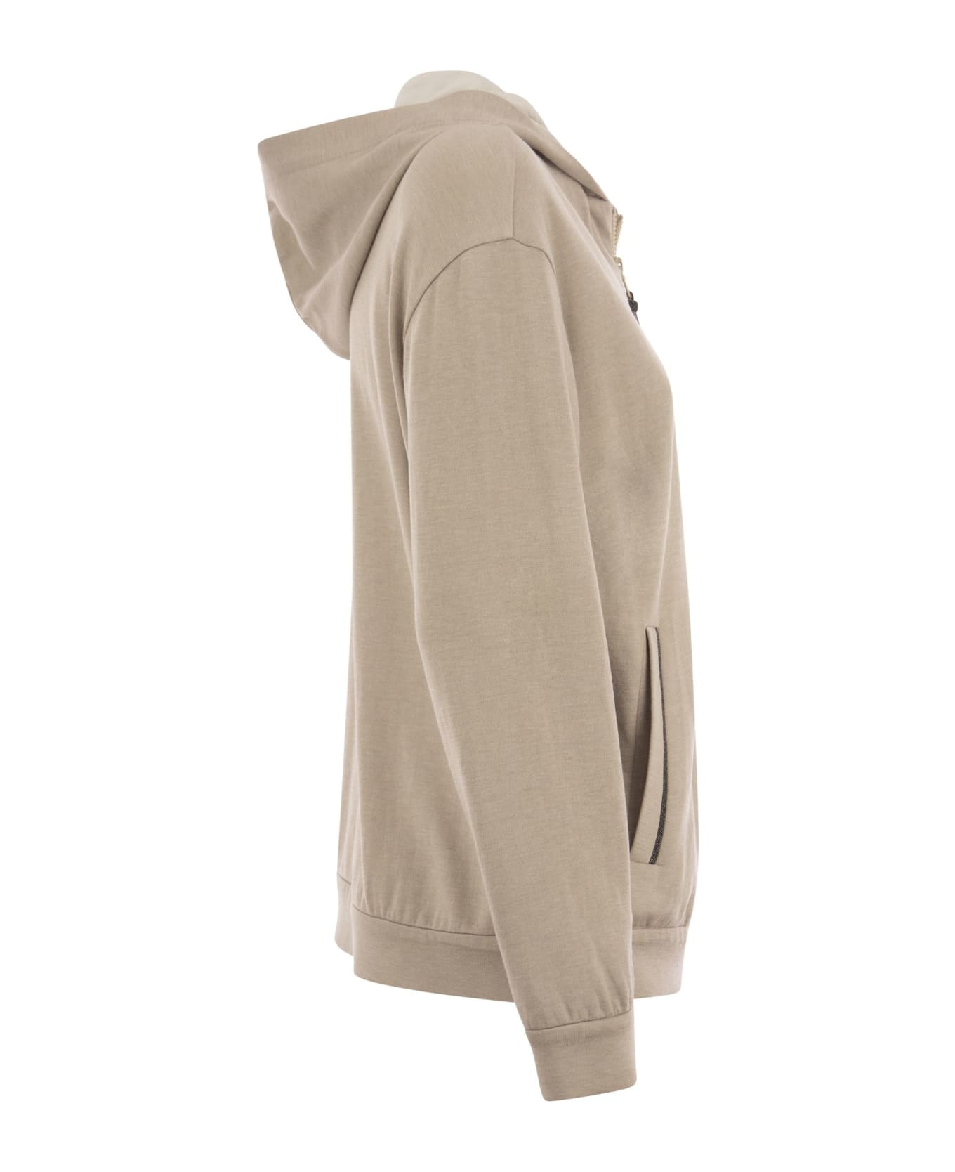 Cotton And Silk Sweatshirt With Hood And Monili On The Zip - 3