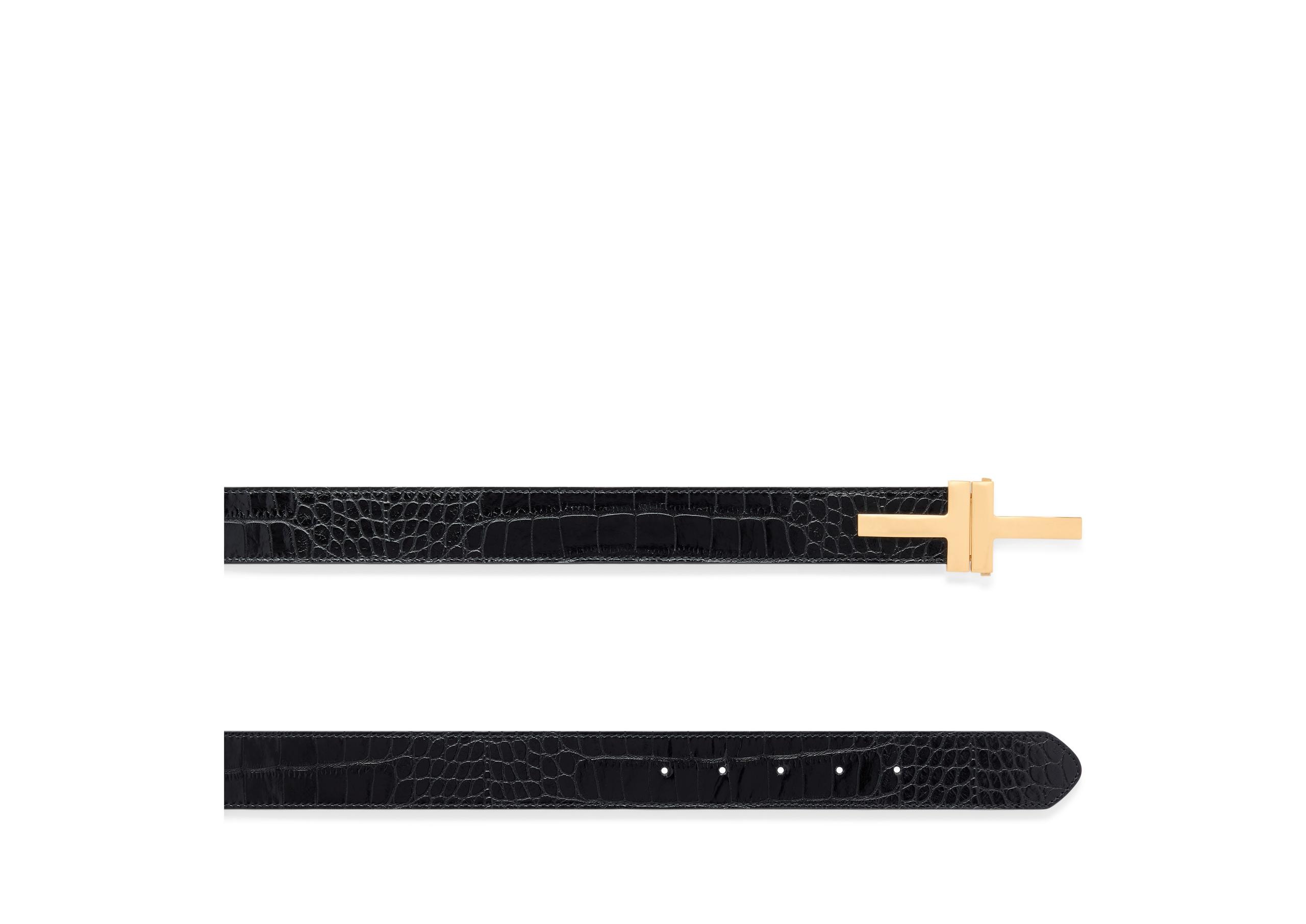 SHINY STAMPED CROCODILE LEATHER DOUBLE T BELT - 2