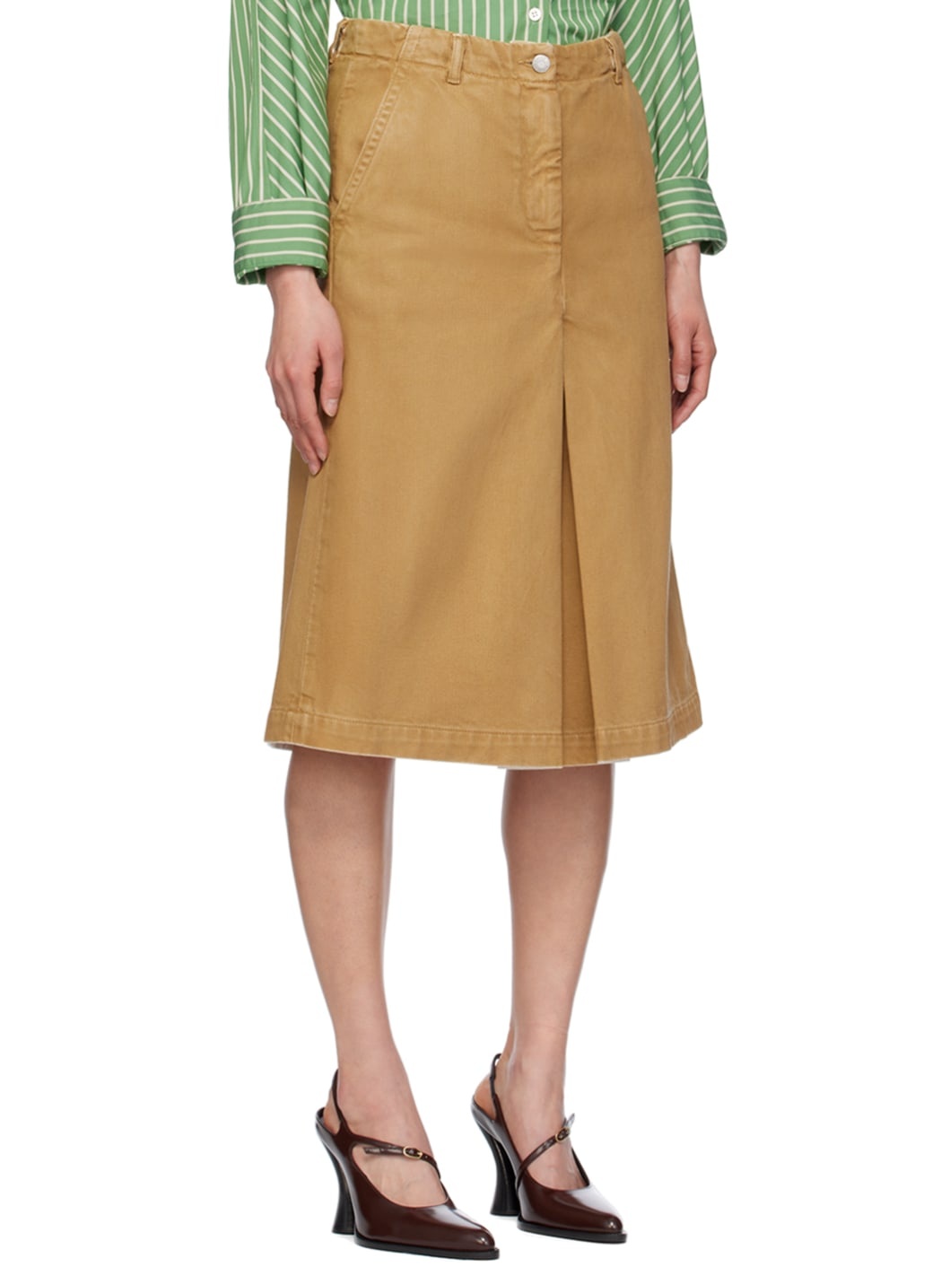 Beige Pleated Denim Midi Skirt - 2