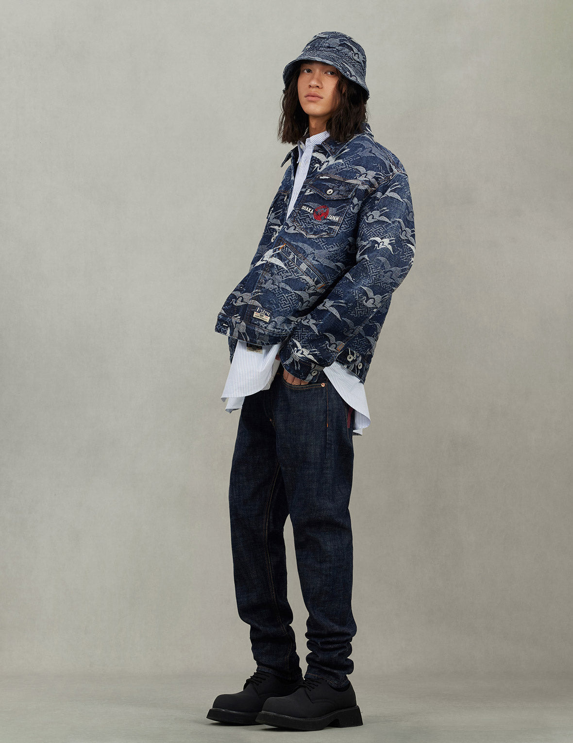 Allover Seagull Cranes Jacquard Loose Fit Denim Jacket - 5
