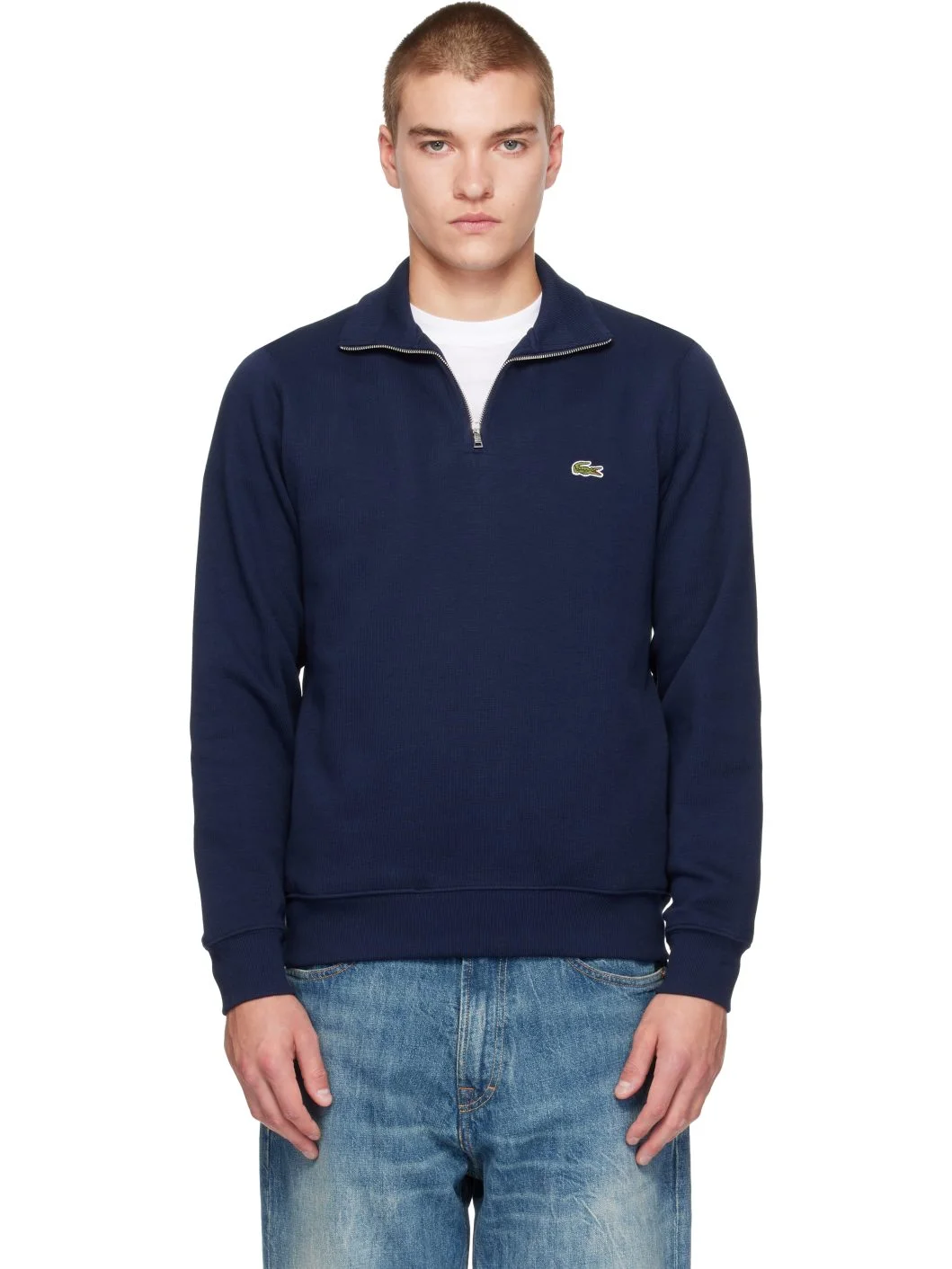 Navy Zip-Up High Neck Interlock Sweatshirt - 1