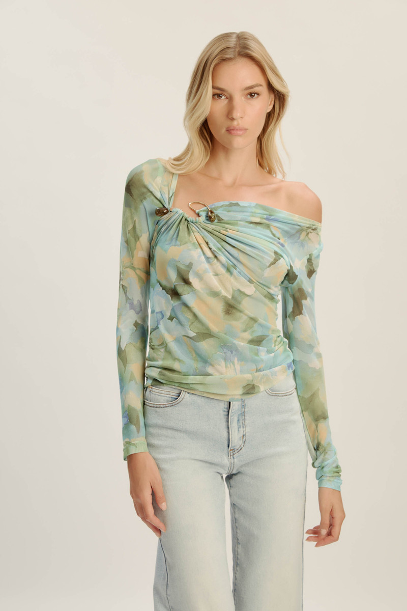 BARDOT Marisol Asymmetric Mesh Top In Green Floral outlook