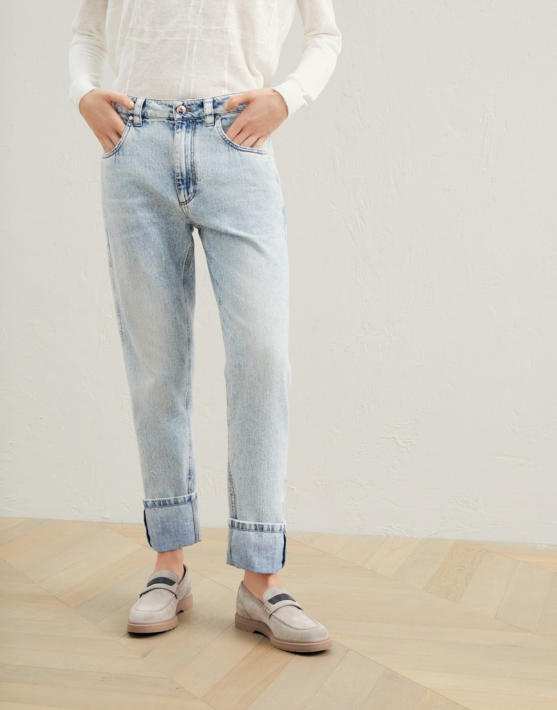 Soft denim straight trousers with shiny details 1