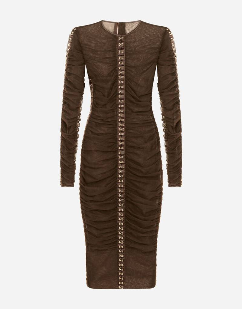 Tulle midi dress with draping and hook-and-eye fastenings 1