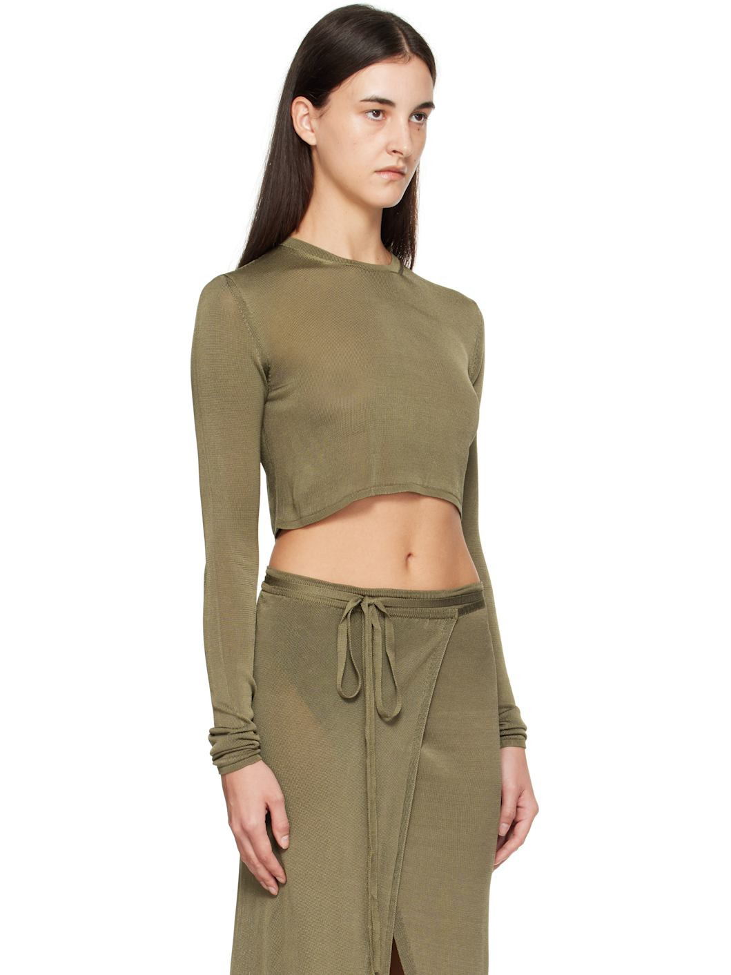 Khaki Kazel Cropped Thin Knit T-shirt - 2