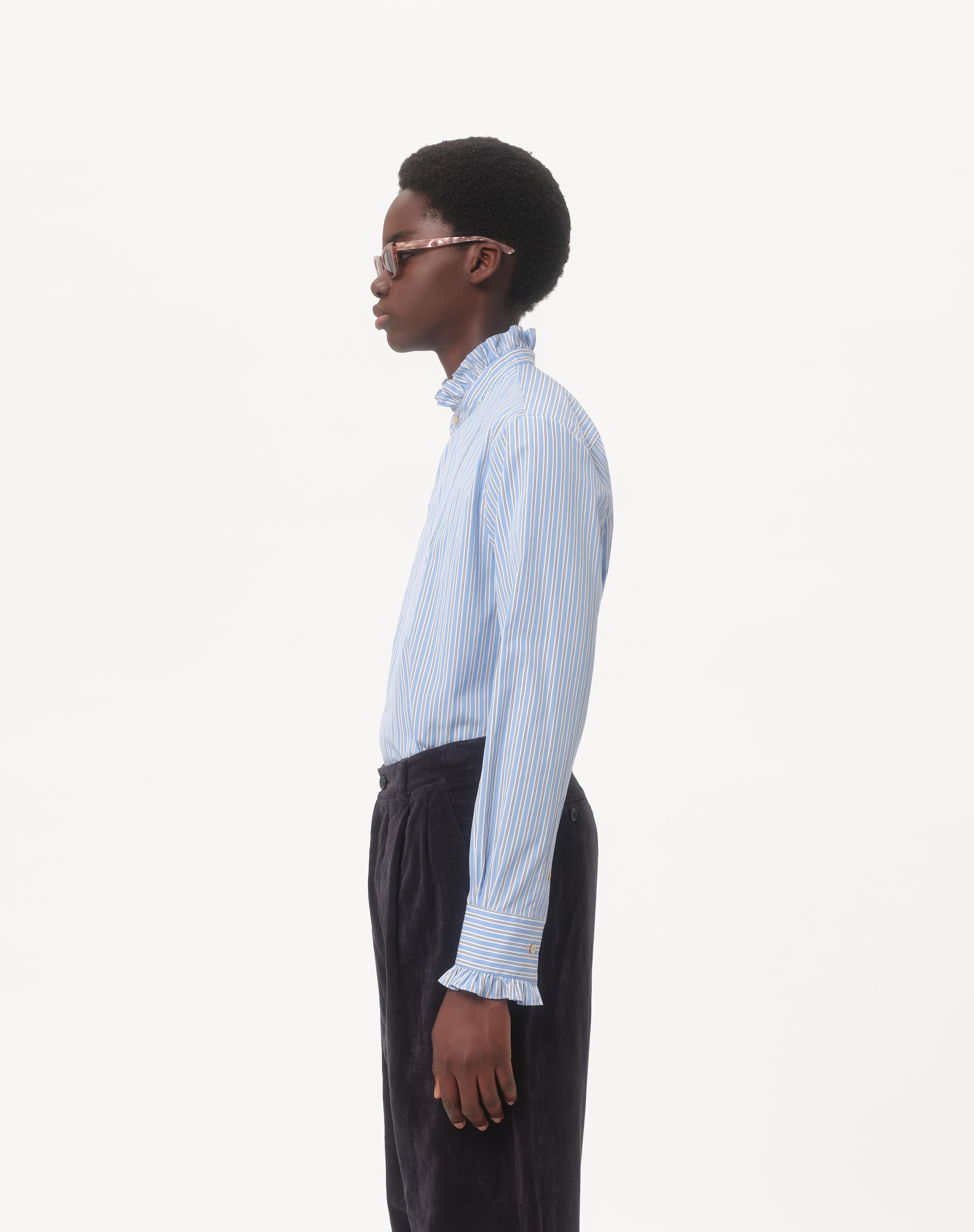 STRIPED COTTON SHIRT WITH PLASTRON AND RUFFLES - 5