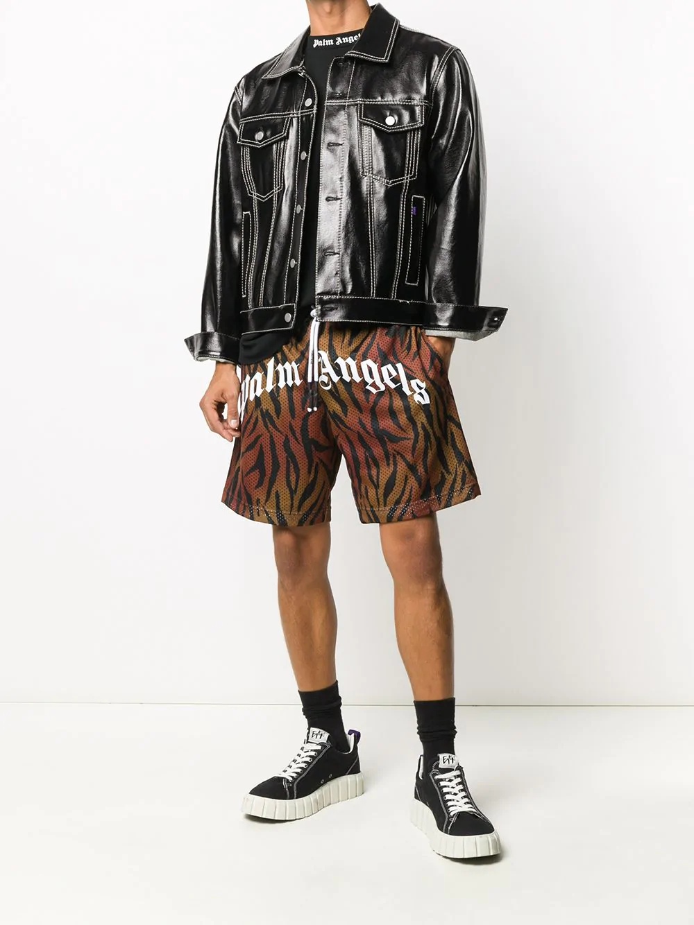 tiger-print mesh track shorts - 2