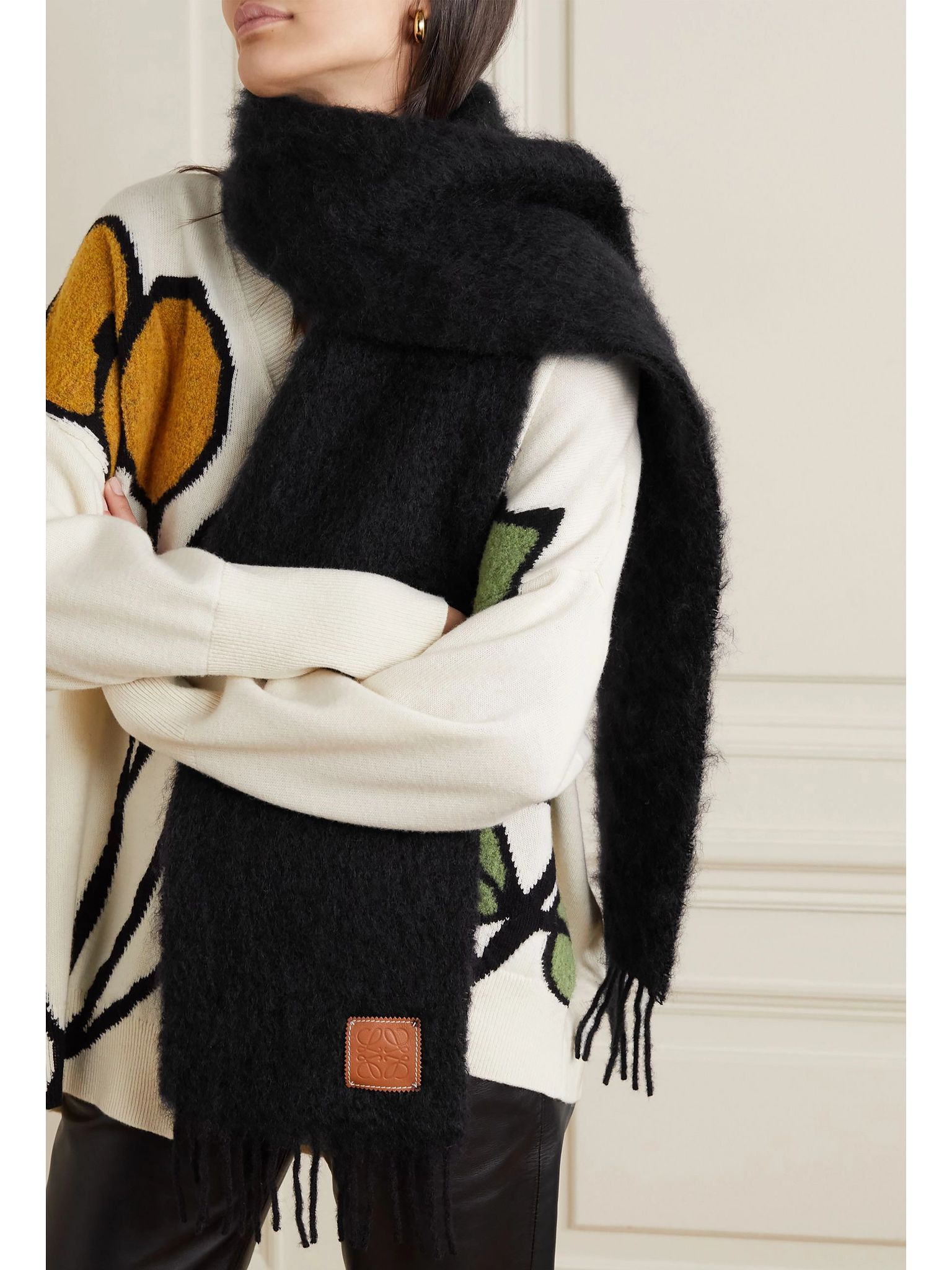 Fringed leather-trimmed mohair-blend scarf Black - 2