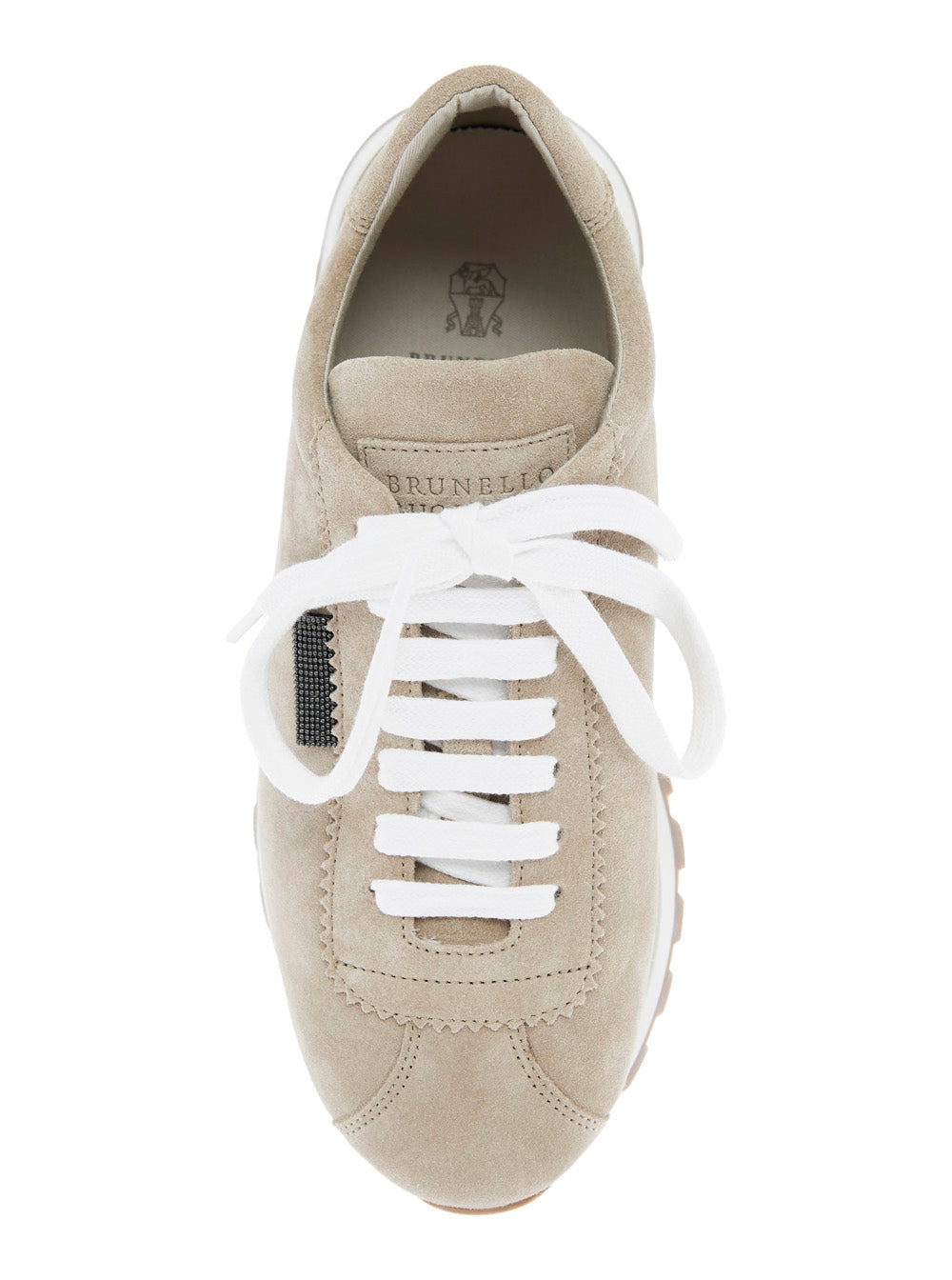 Brunello Cucinelli Women Beige Low Top Sneakers With Monil Detail On The Side And Embossed Logo Lett - 4