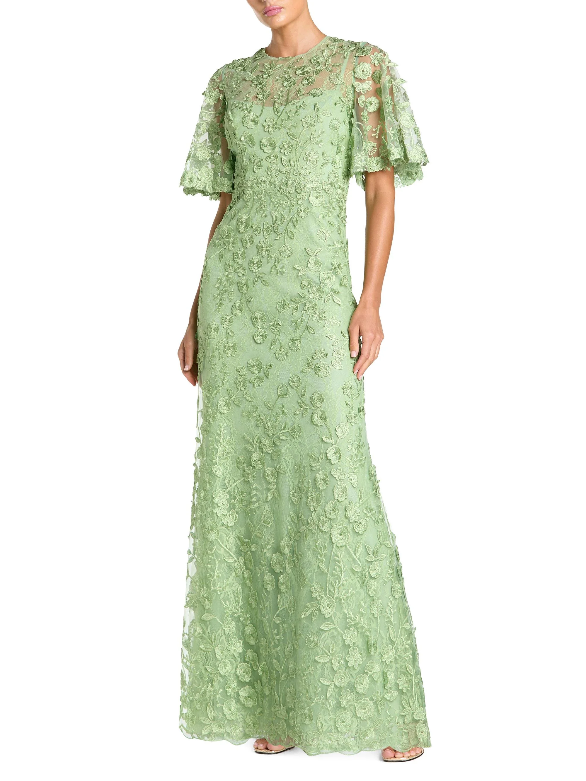 Women's Embellished Lace Flutter-Sleeve Gown - Sage - 1