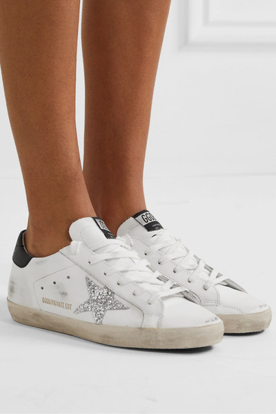 Golden Goose Superstar distressed glittered leather sneakers outlook