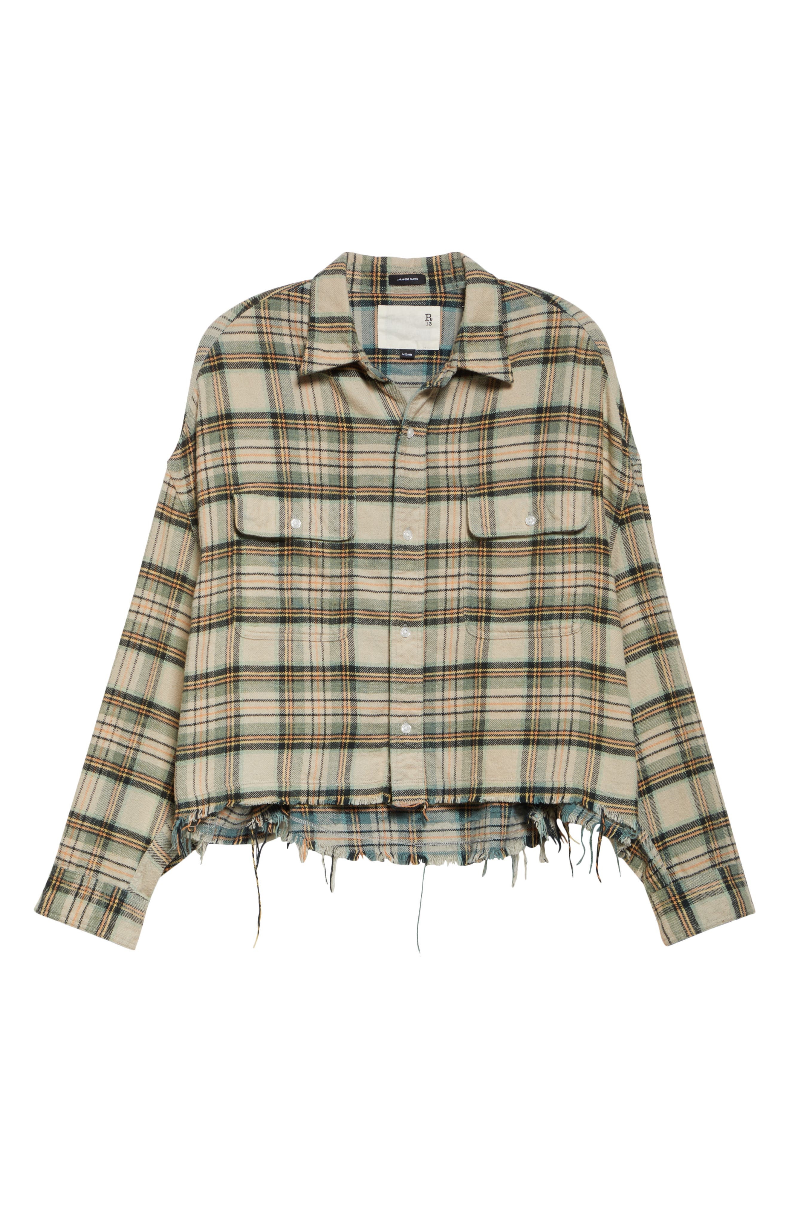 R13 Crop Plaid Flannel Button-Up Shirt in Cream/Turquoise Plaid at Nordstrom - 6