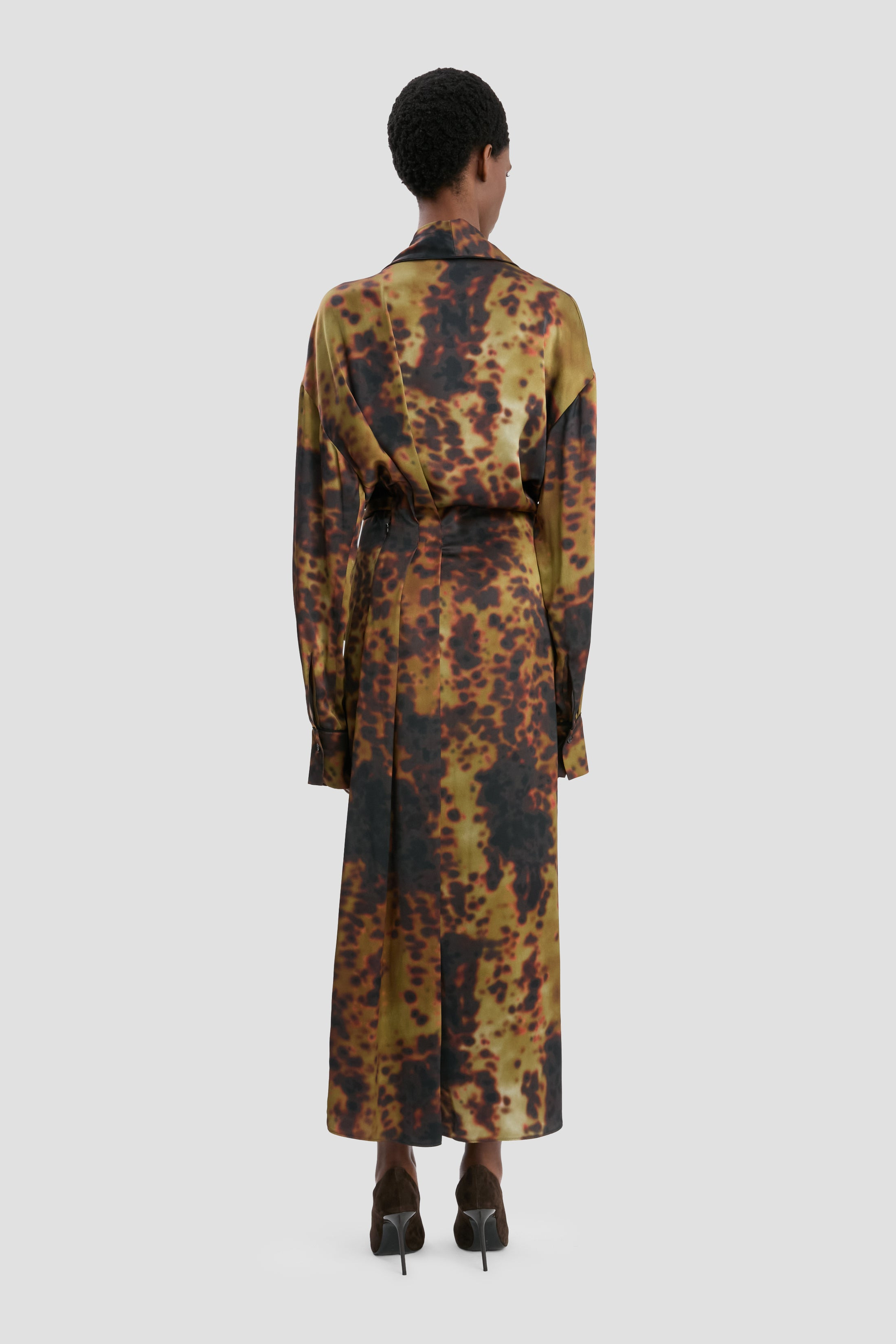 Wrap Detail Midi Dress In Olive Brown Print - 5