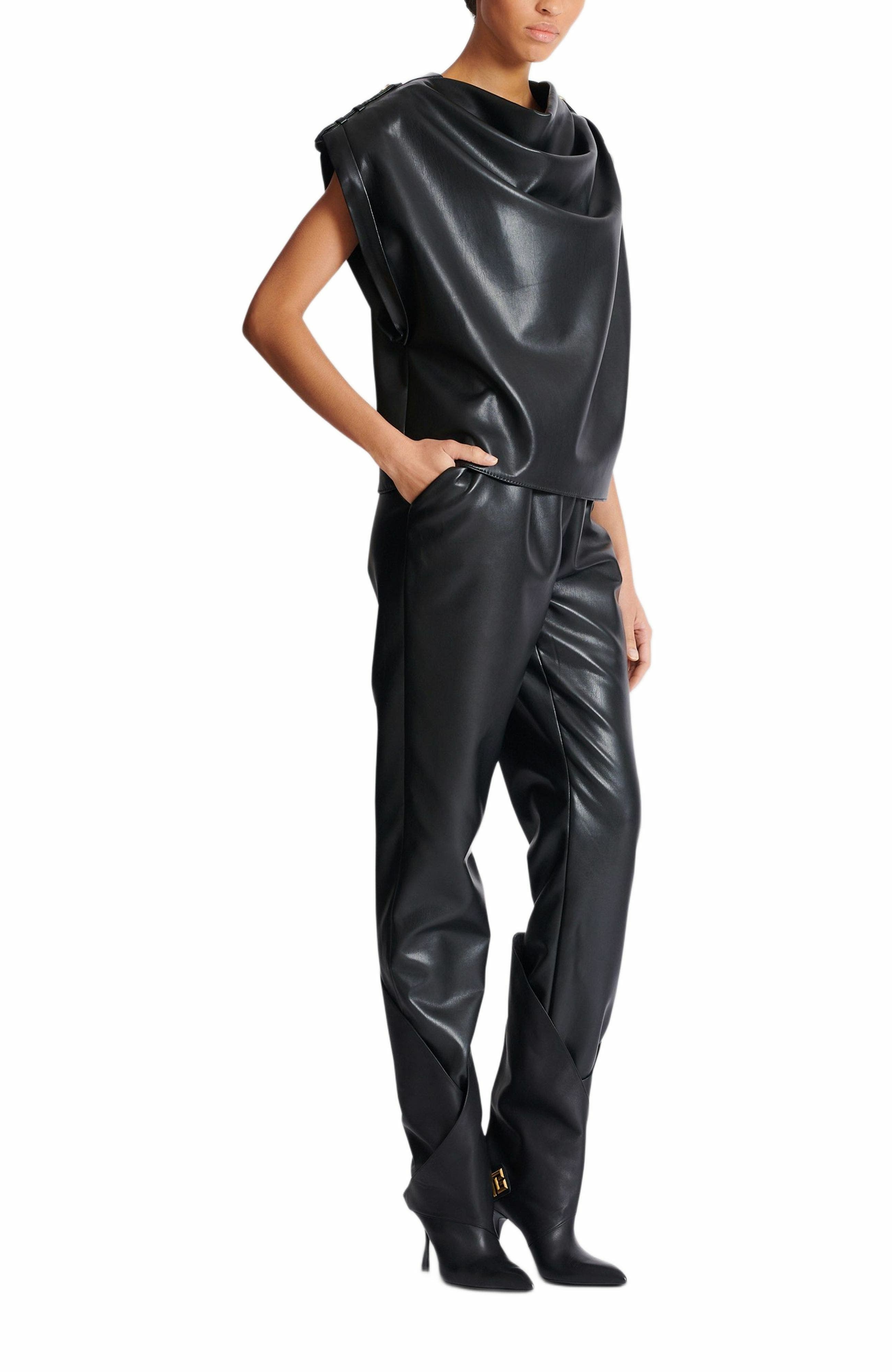 Balmain Faux leather draped top in Black at Nordstrom - 1