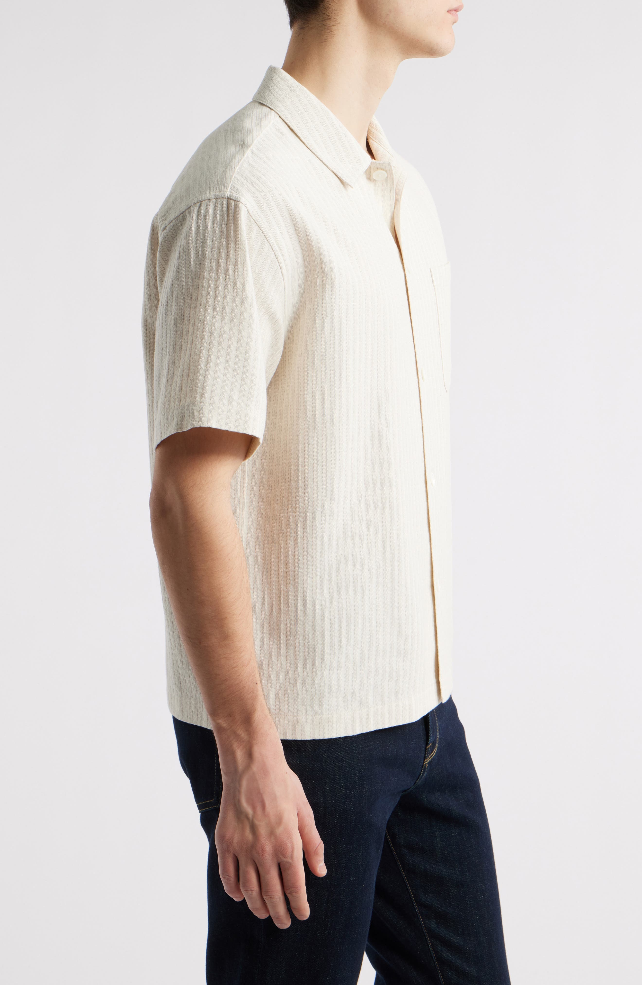 FRAME Jacquard Stripe Cotton Blend Camp Shirt in White Sand at Nordstrom - 4