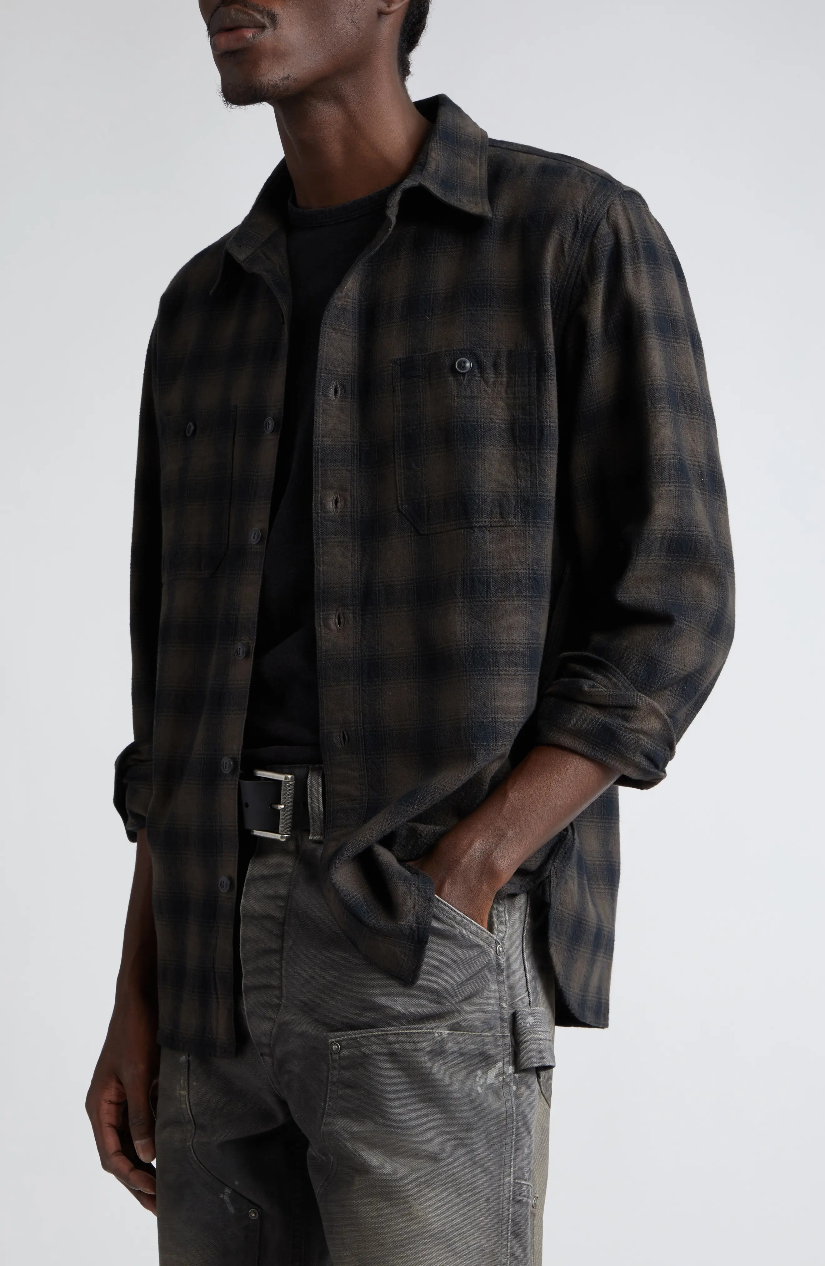 Plaid Cotton Button-Up Shirt in Black/Grey - 5