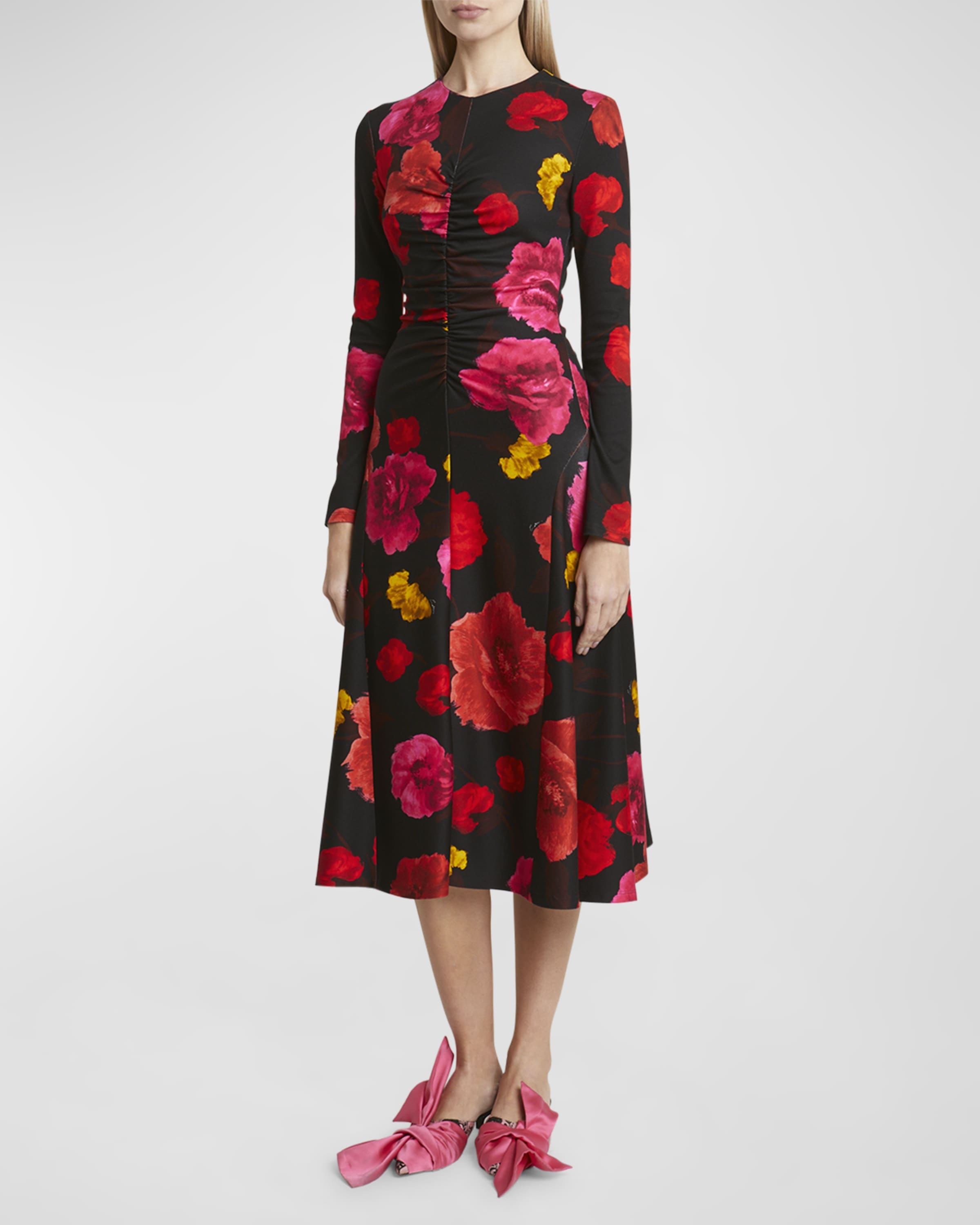 Ruched Floral Long-Sleeve Midi Dress - 2