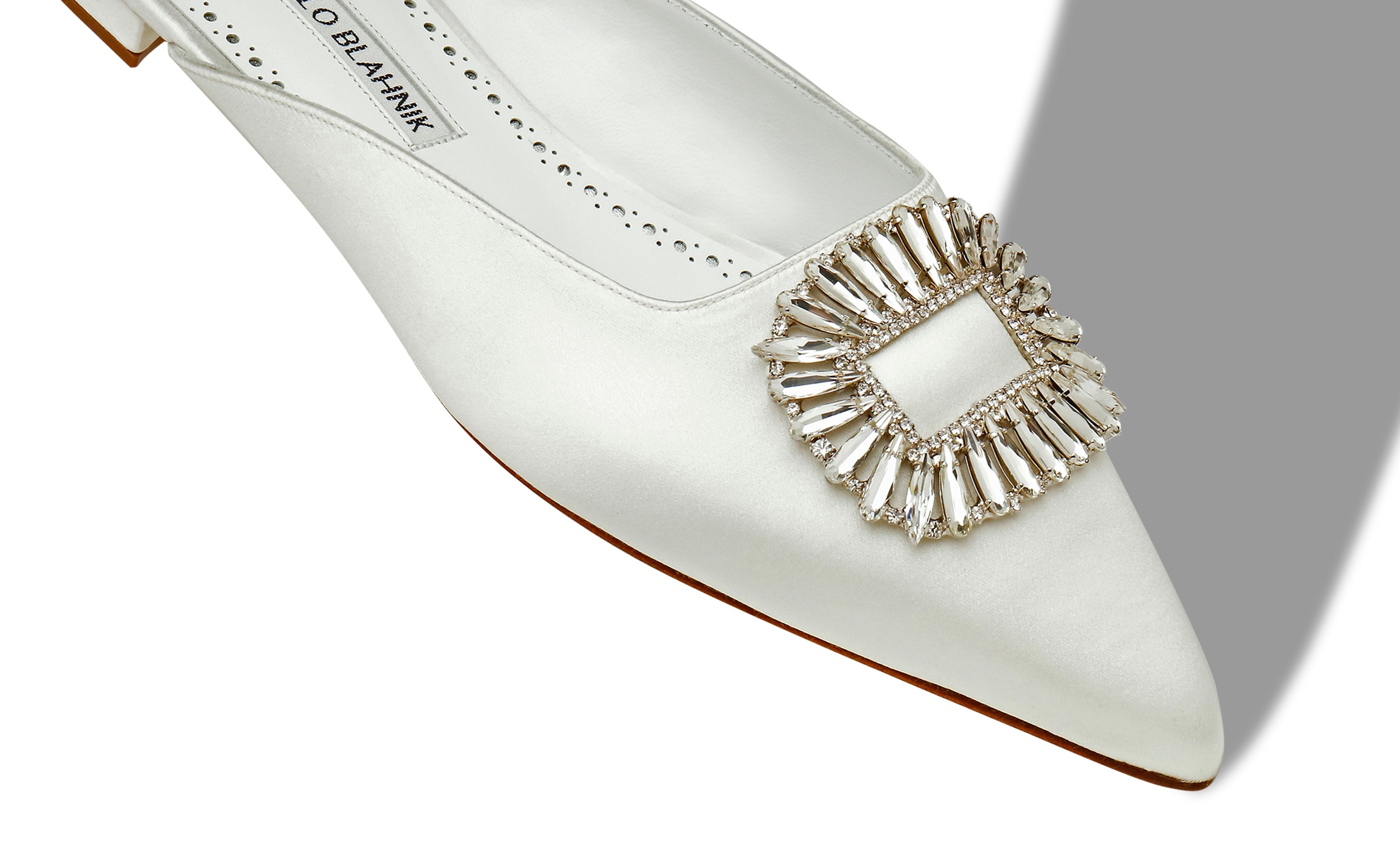 White Satin Shell Crystal Embellished Mules - 4