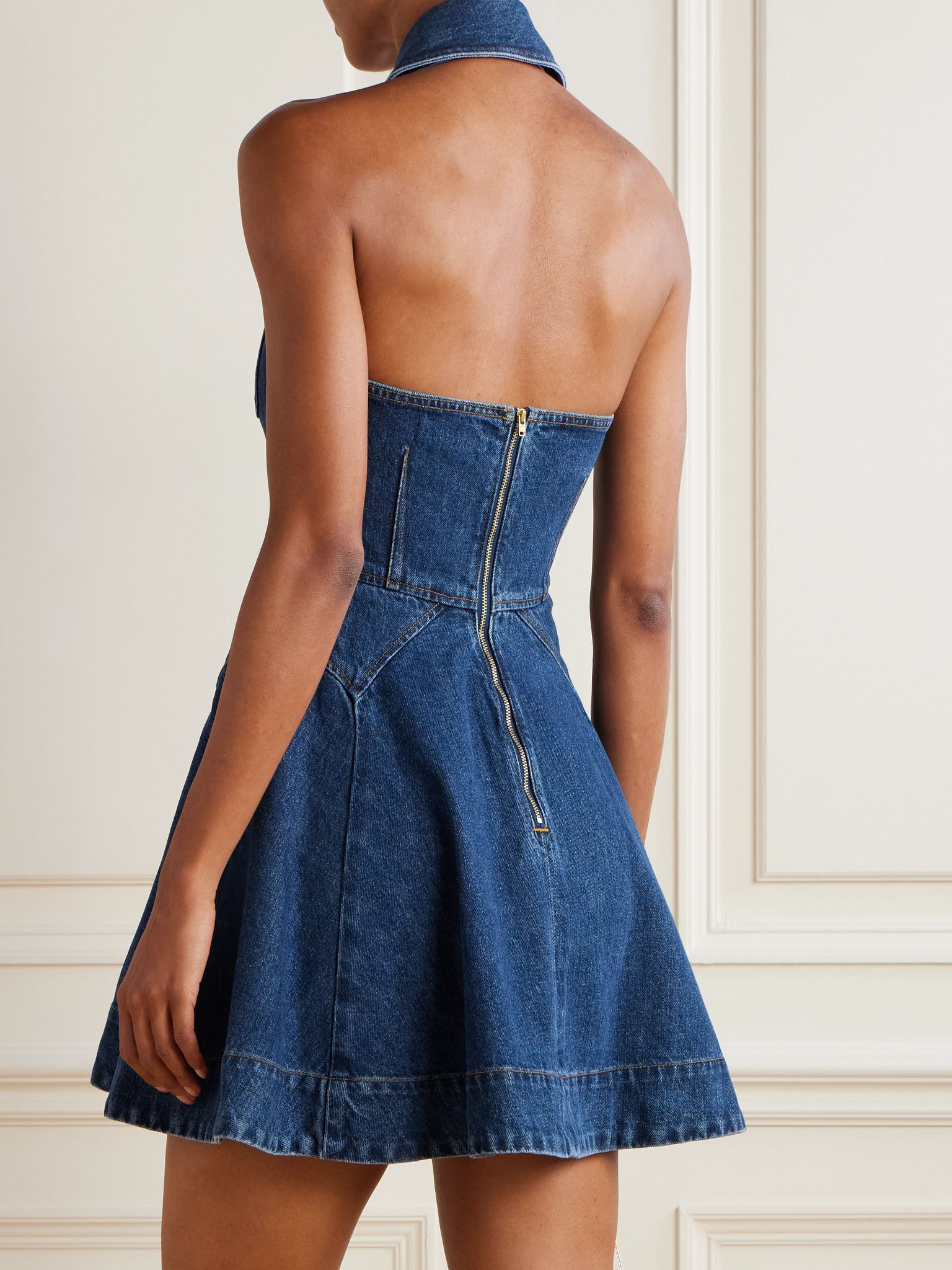Paneled denim halterneck mini dress Blue - 3