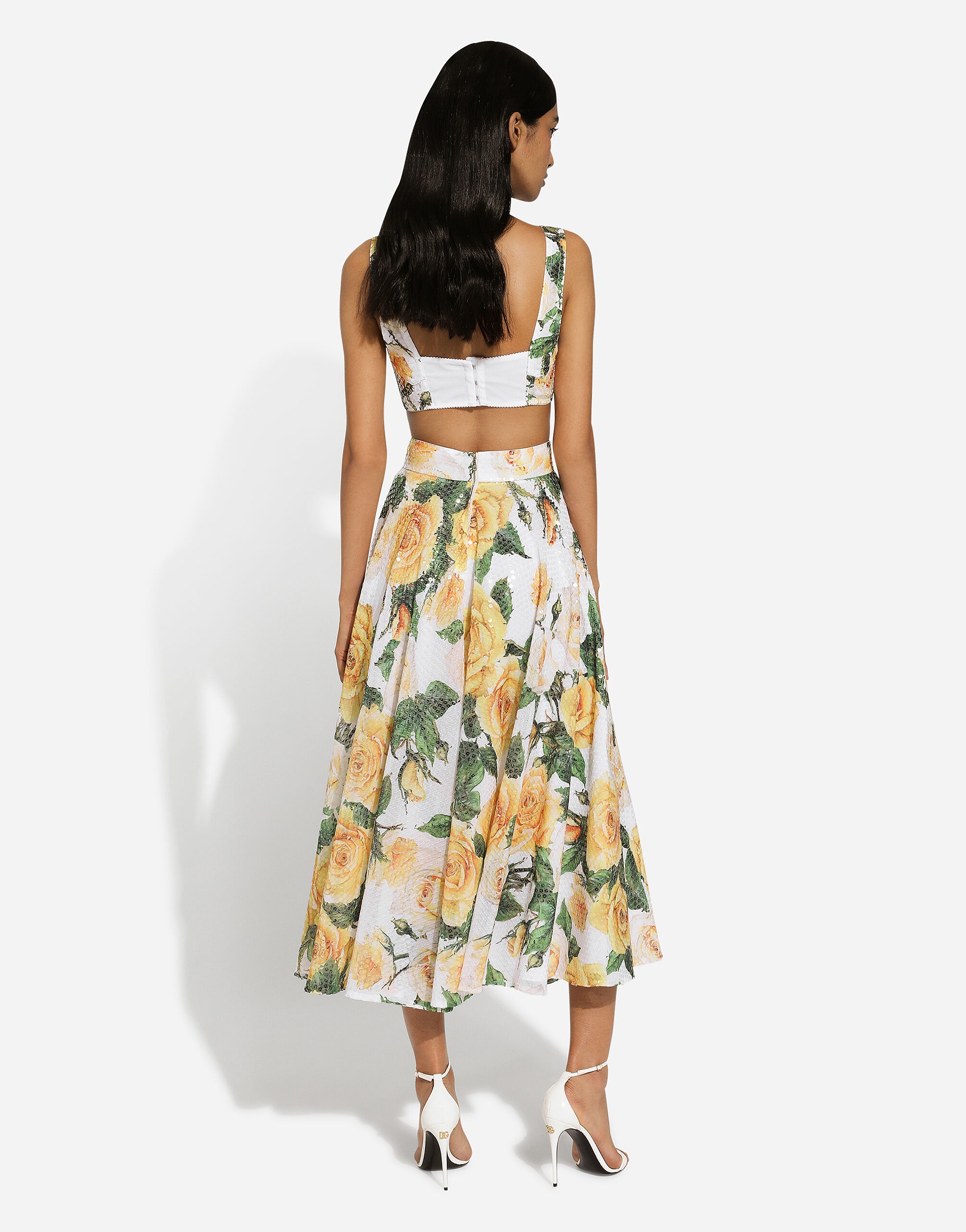 Sequined midi circle skirt with yellow rose print - 3