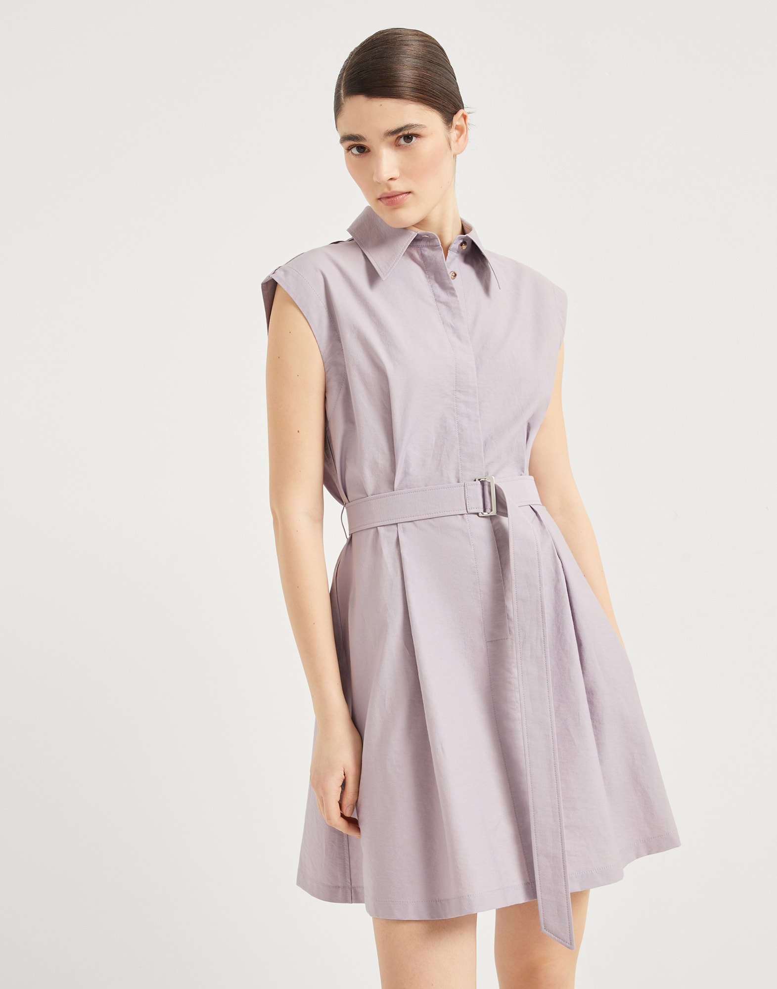 Techno cotton texture twill belted mini shirt dress with monili - 1